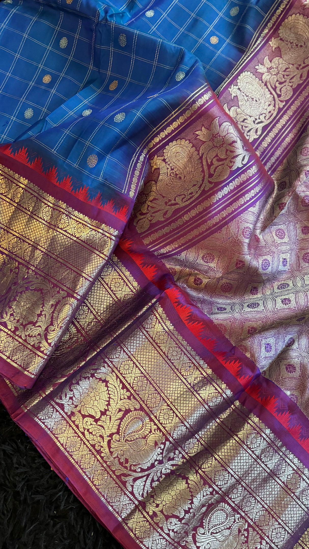 Azure Blue Magenta Gadwal Handloom Pure Silk