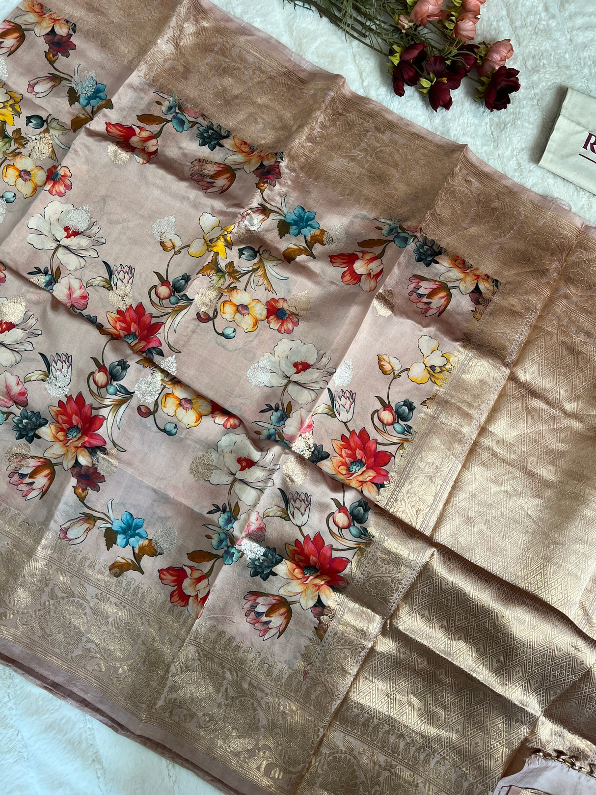 Pastel Peachy Pink Floral Digital Print Banaras Lightweight Pure SIlk