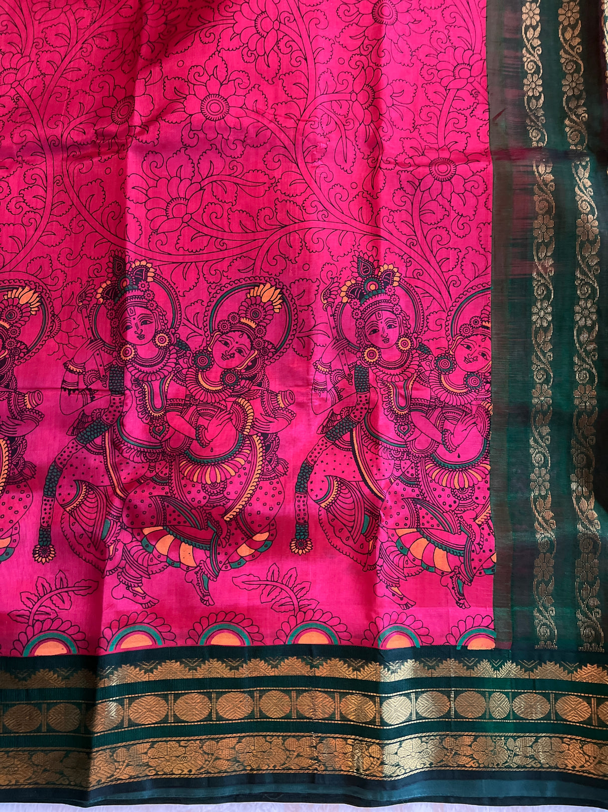 Fusia Pink/bottle green SECO Kanjeevaram pure Silk cotton Handloom Saree With Stitched Blouse