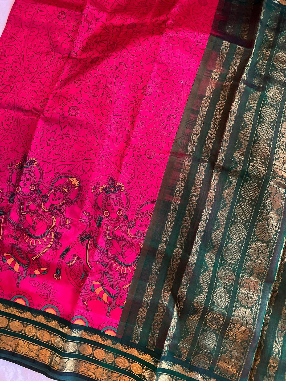 Fusia Pink/bottle green SECO Kanjeevaram pure Silk cotton Handloom Saree With Stitched Blouse