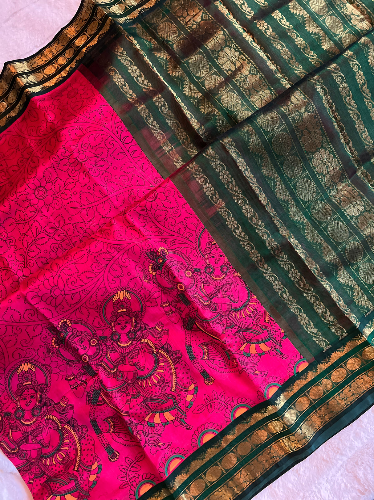 Fusia Pink/bottle green SECO Kanjeevaram pure Silk cotton Handloom Saree With Stitched Blouse