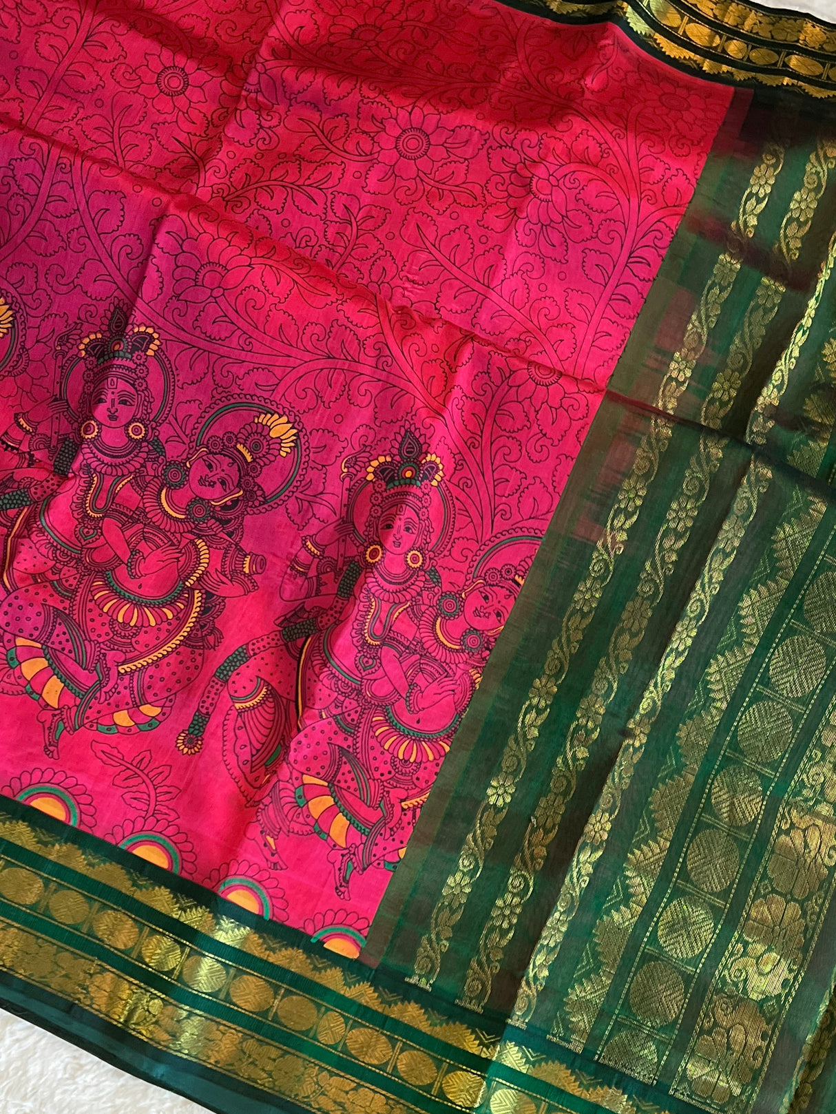 Fusia Pink/bottle green SECO Kanjeevaram pure Silk cotton Handloom Saree With Stitched Blouse