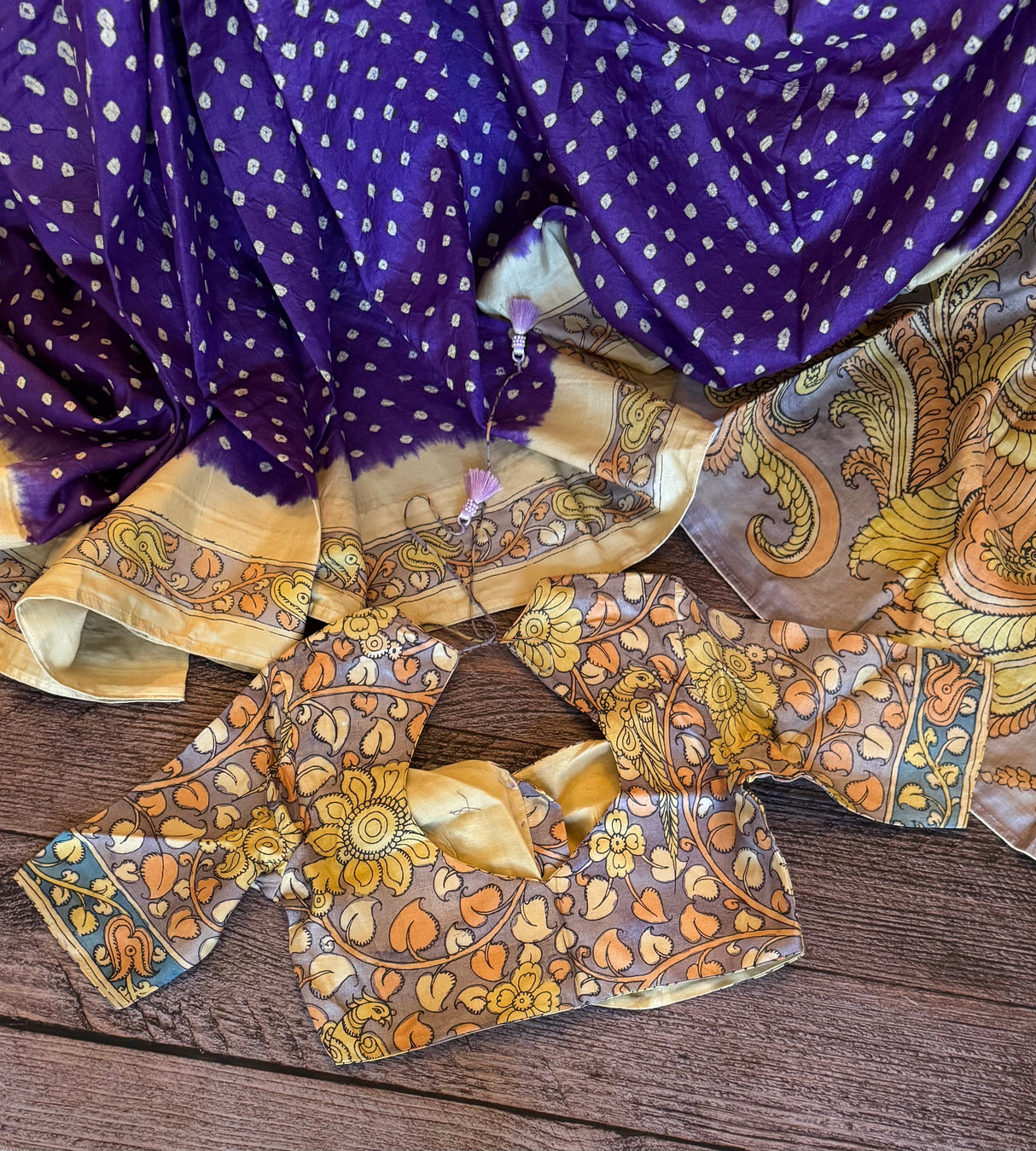 Rai Bandhej with Pen Kalamkari on Gachi Tussar