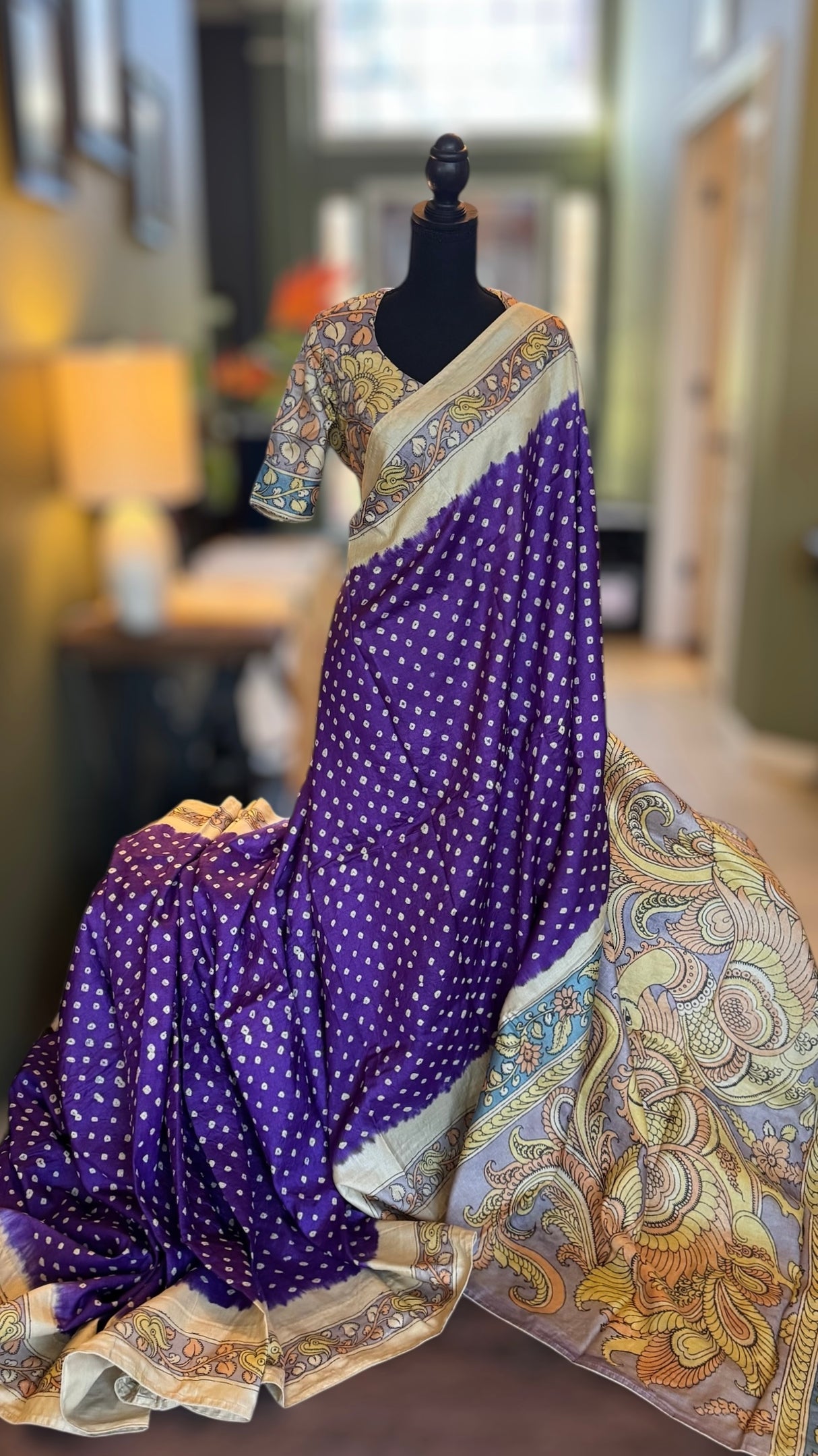 Rai Bandhej with Pen Kalamkari on Gachi Tussar