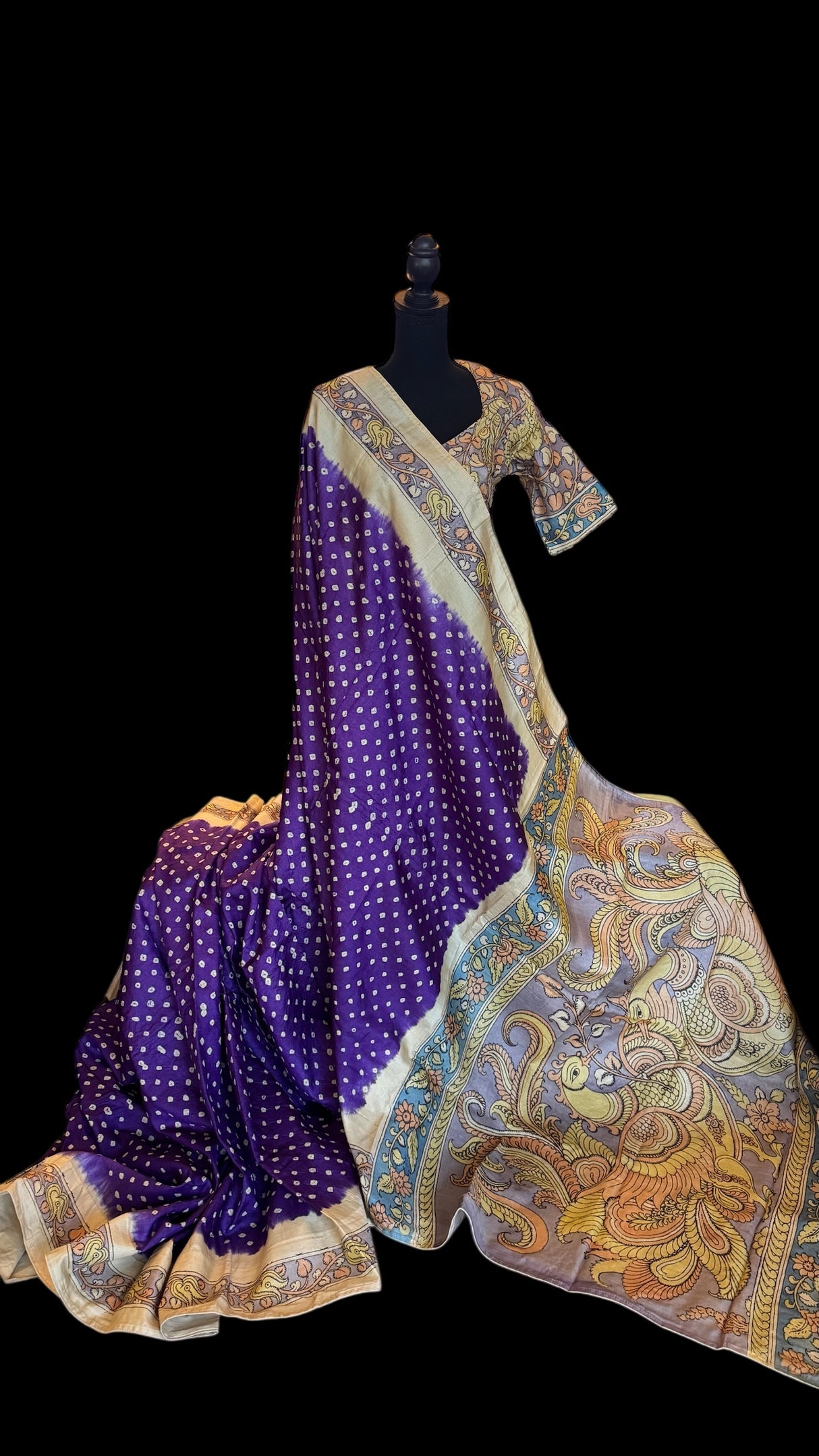 Rai Bandhej with Pen Kalamkari on Gachi Tussar