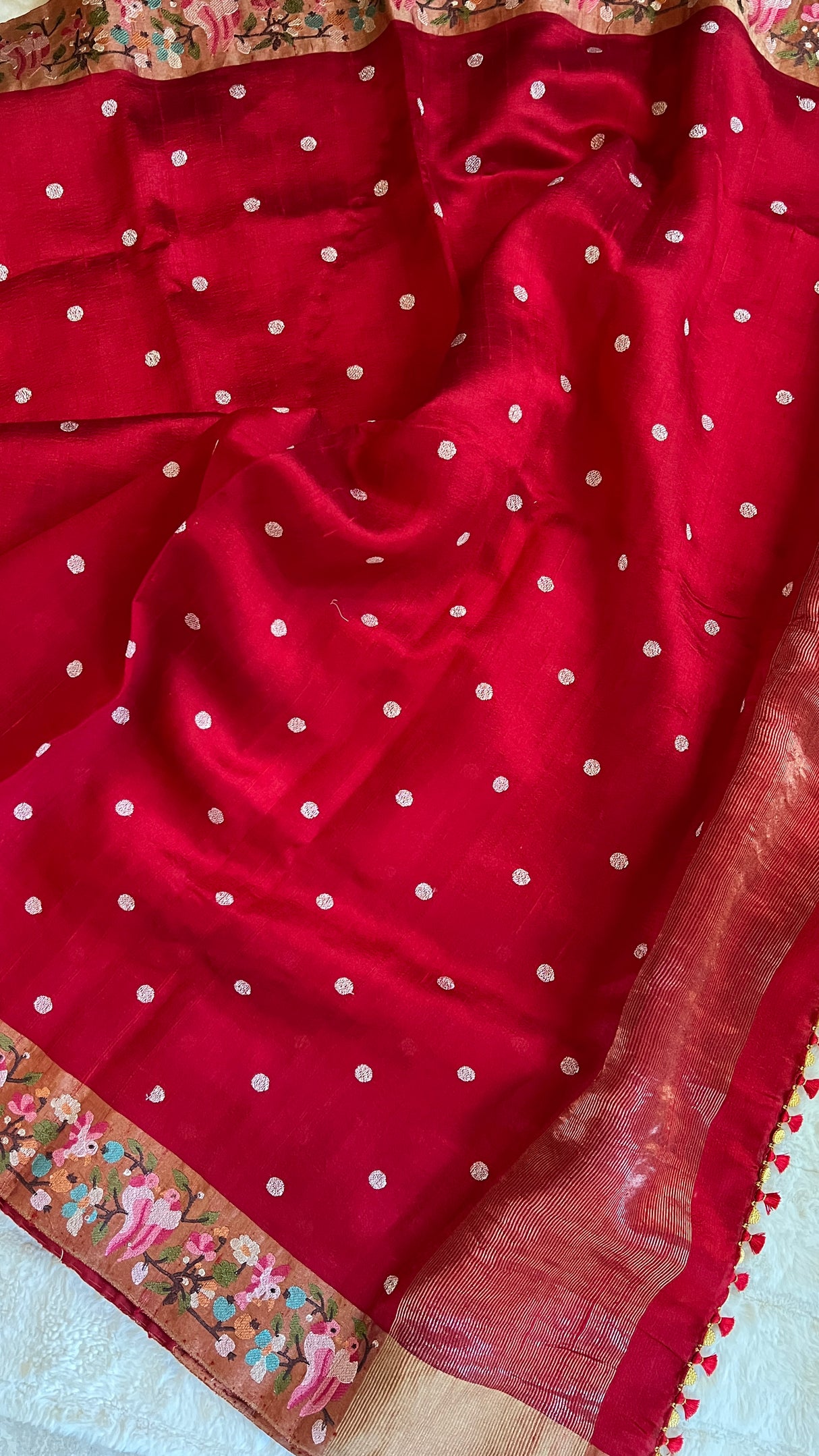 Red Embroidered Dupion Tussar Silk