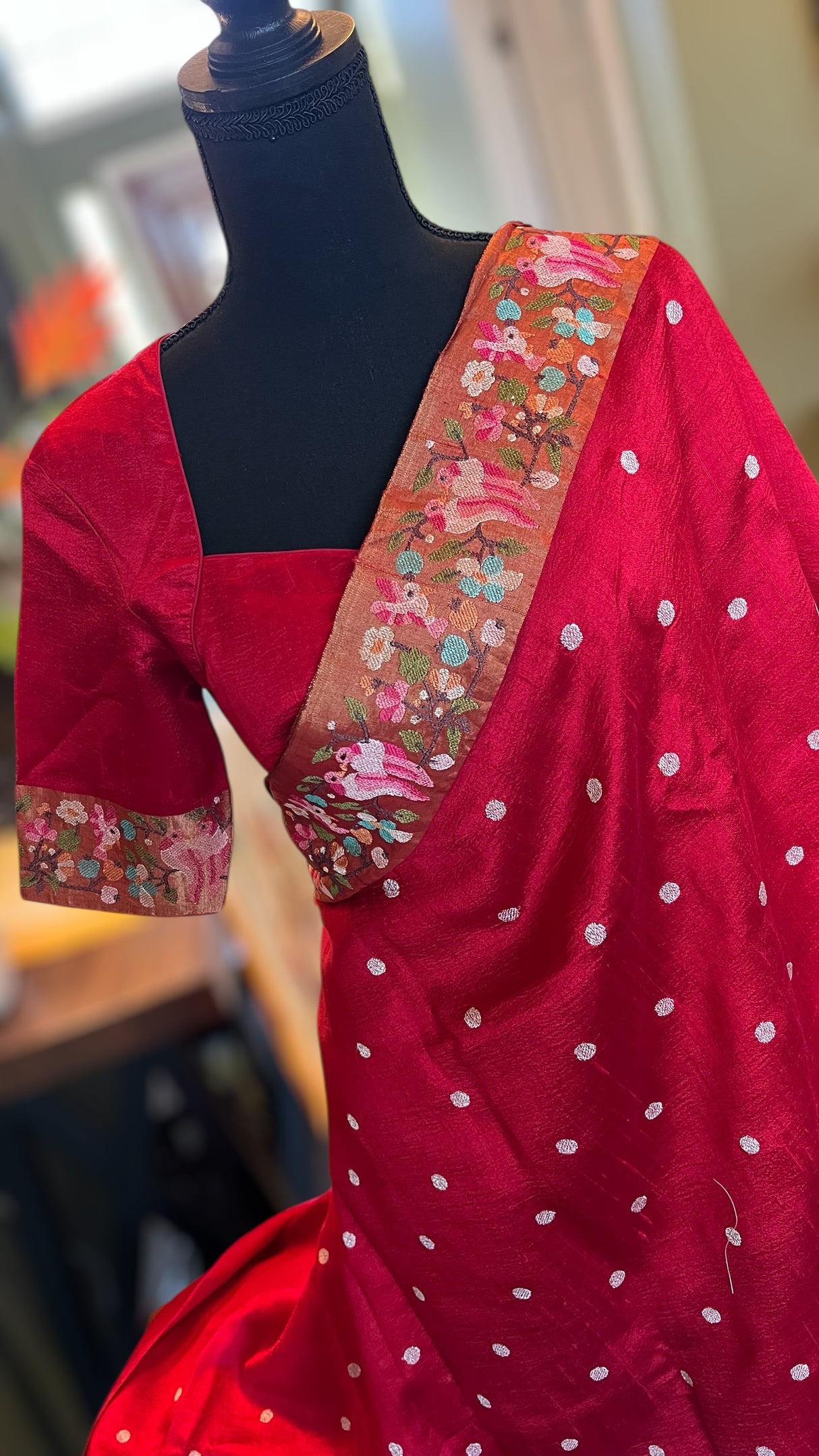 Red Embroidered Dupion Tussar Silk