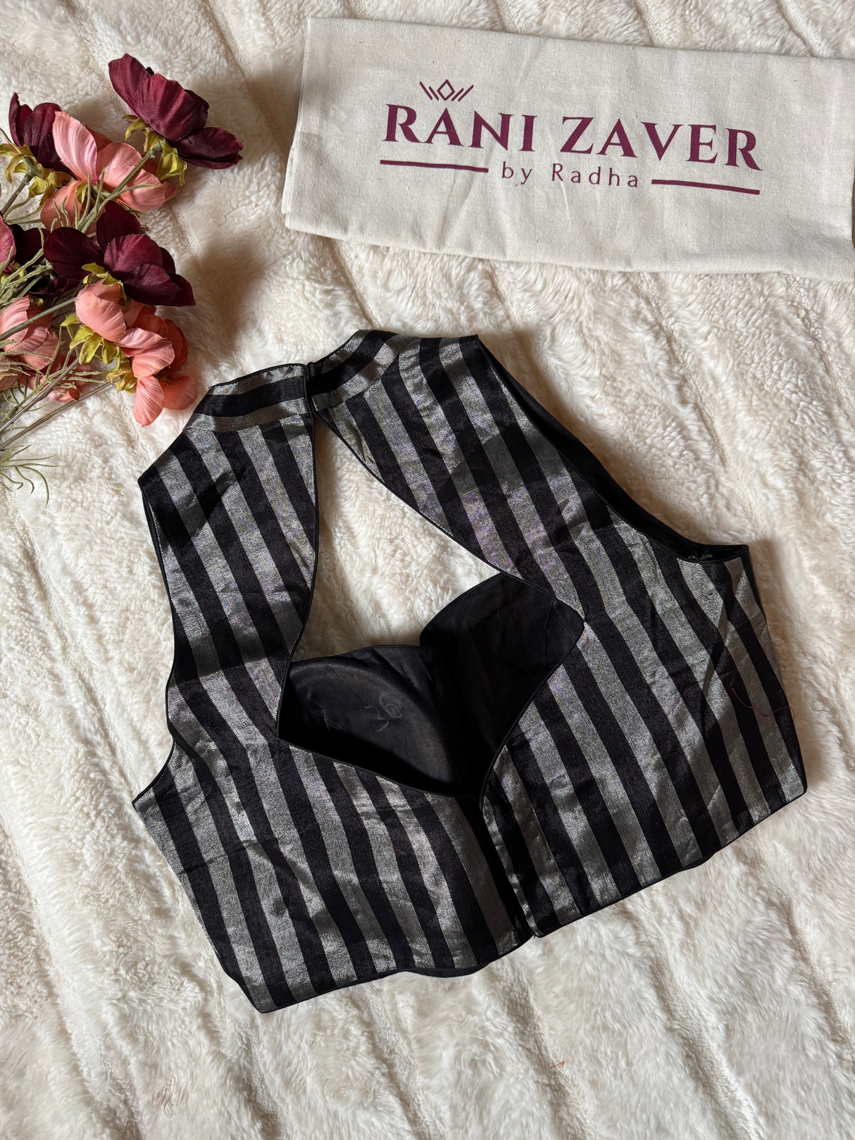 Black and Silver Stripes Tissue Halter Neck Blouse 36