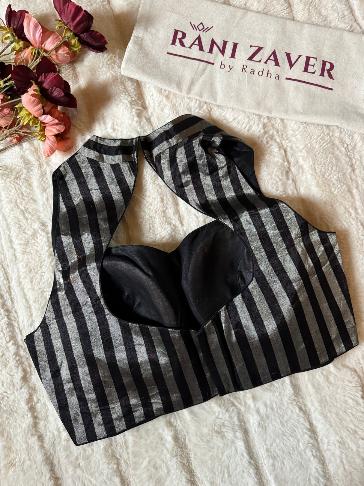 Black and Silver Stripes Tissue Halter Neck Blouse 38