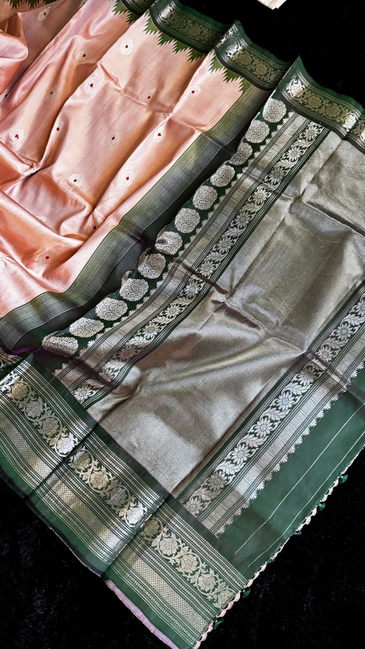 Pastel Pink/Bottle Green Silver Zari Gadwal Handloom Pure Silk