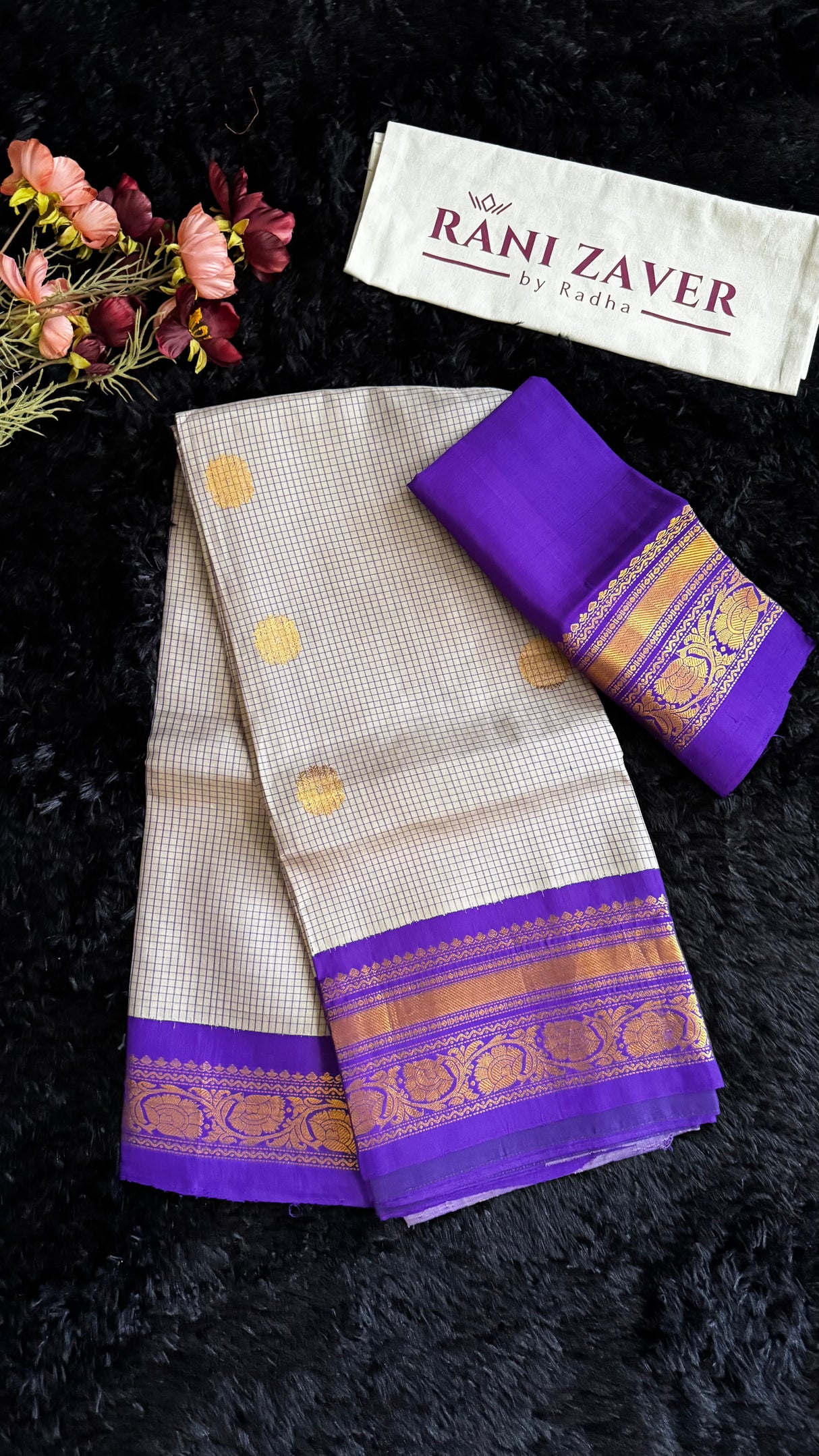 Grey/Purple Tiny Checks Gadwal Handloom Pure Silk
