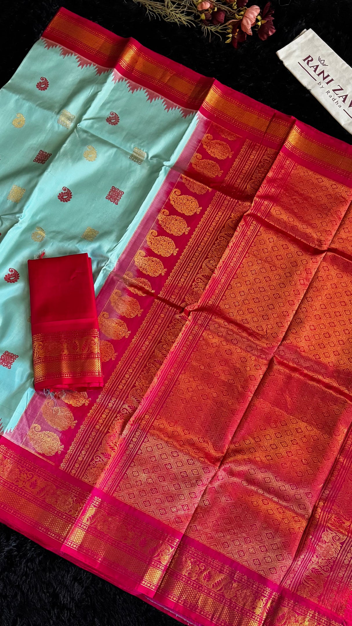 Turquoise/Reddish Pink Gadwal Handloom Pure Silk