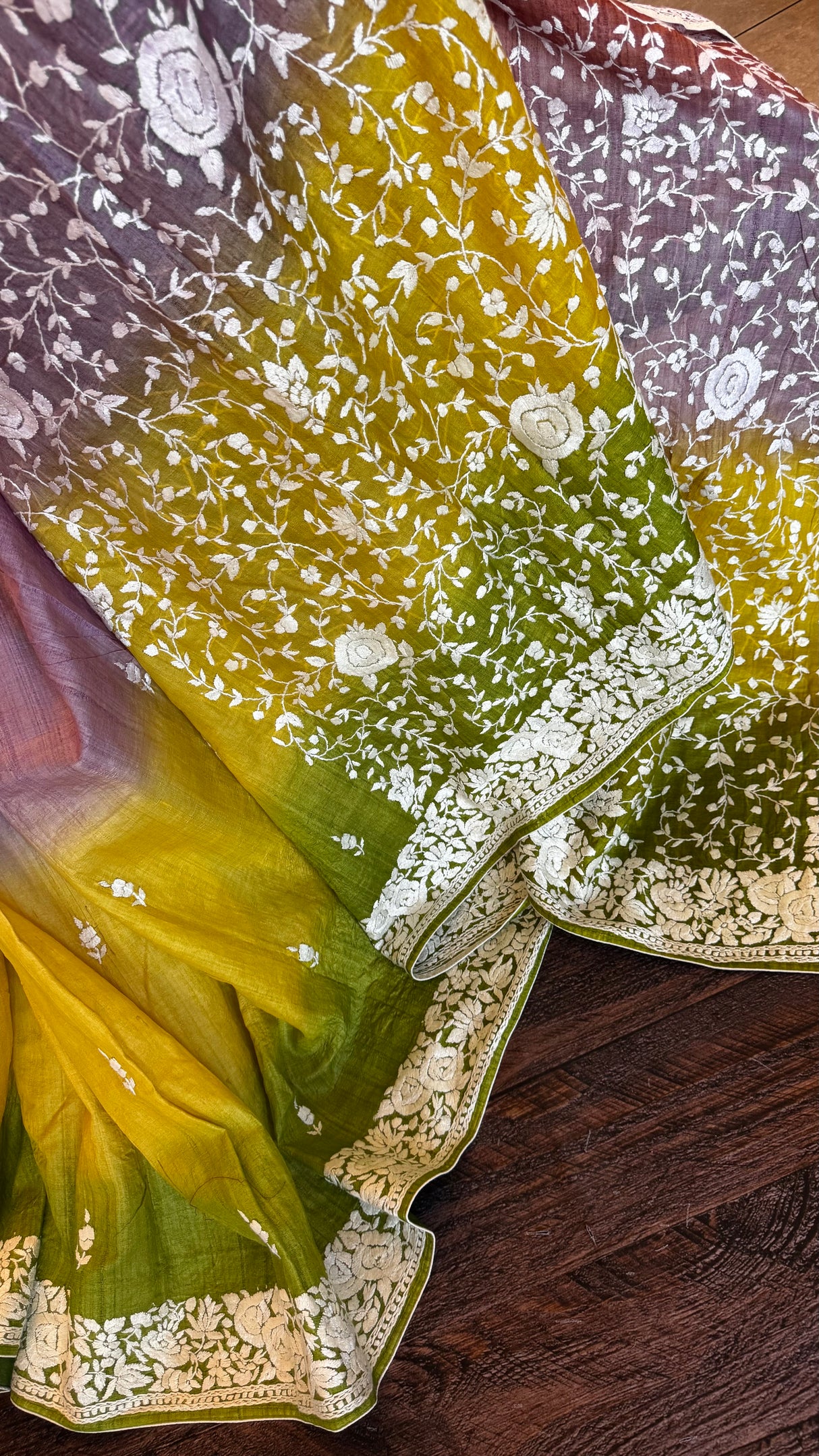 Shaded Parsi Embroidered Gachi Tussar Silk