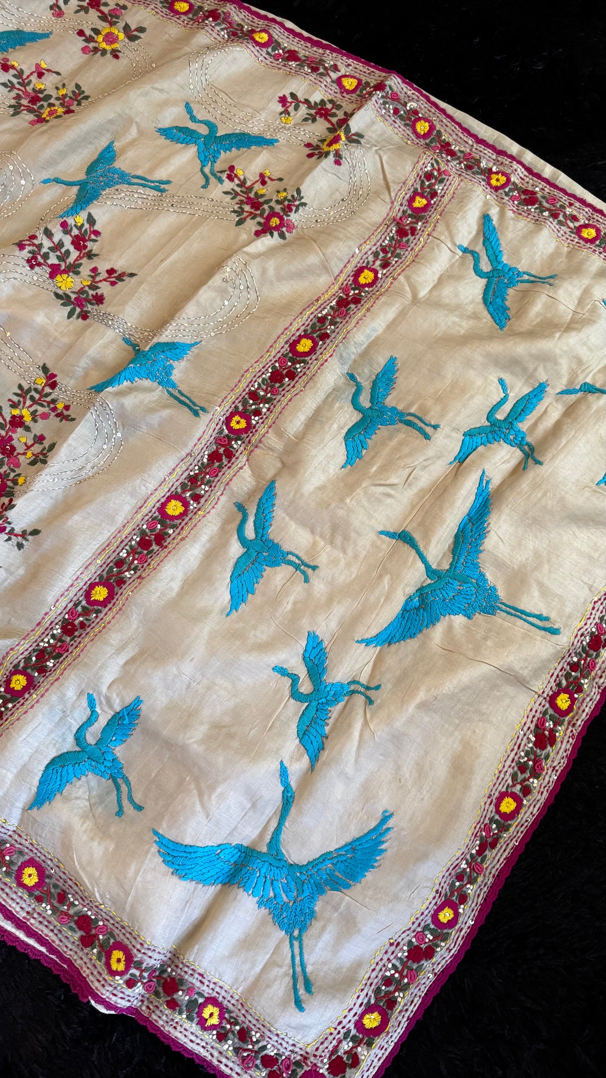 Parsi Hand Embroidered Off White Gachi Tussar Silk