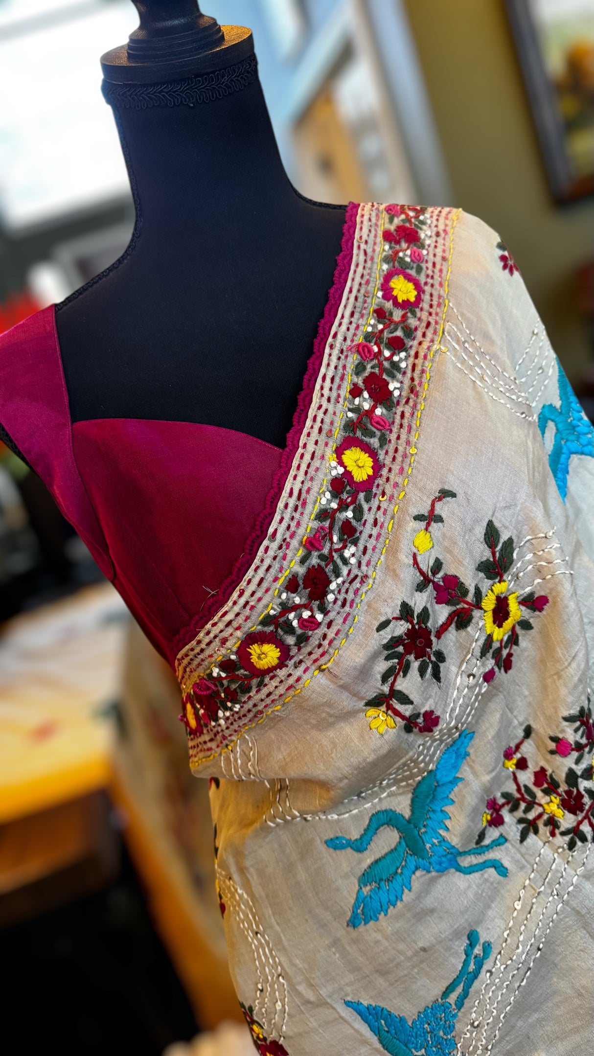 Parsi Hand Embroidered Off White Gachi Tussar Silk