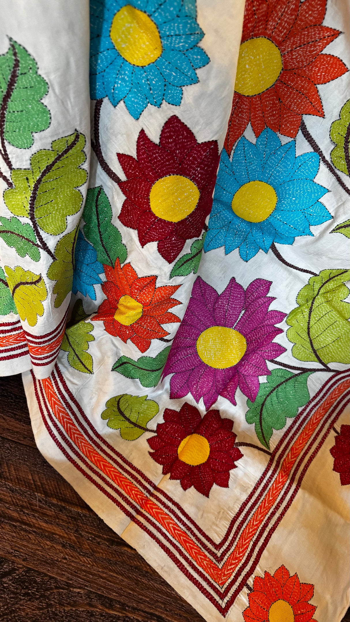 Ivory Floral Crane Hand Kantha Stitch Tussar Silk