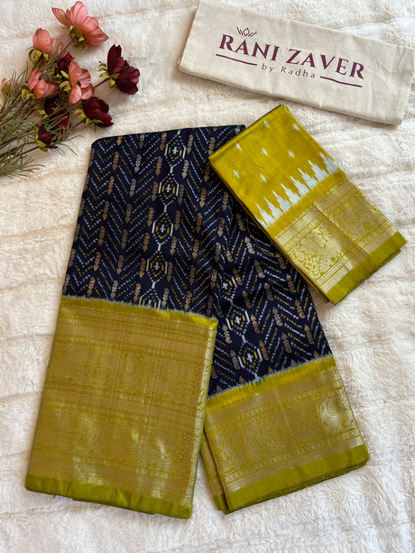 Ikkat Kanchipuram fusion With Jacquard Zari Lines Handloom Pure Silk