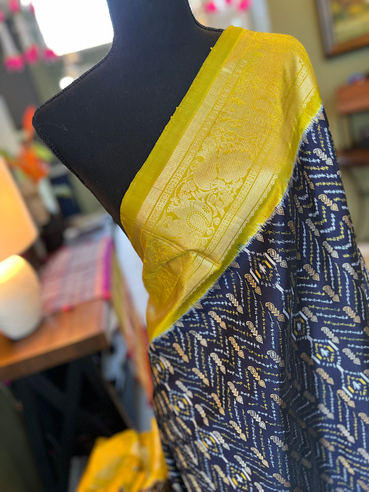 Ikkat Kanchipuram fusion With Jacquard Zari Lines Handloom Pure Silk