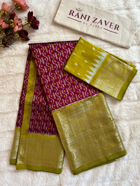 Ikkat Kanchipuram fusion With Jacquard Zari Lines Handloom Pure Silk