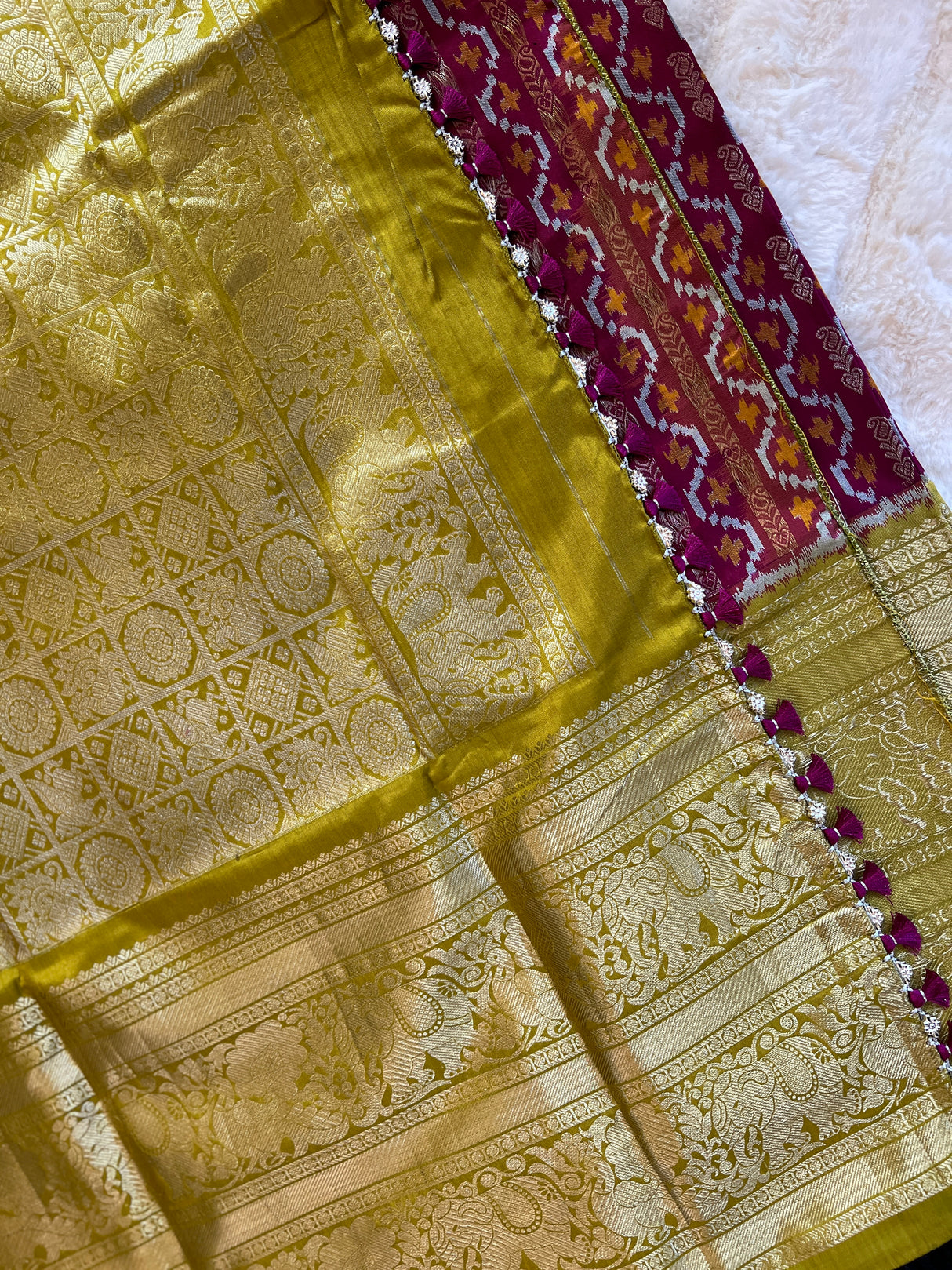 Ikkat Kanchipuram fusion With Jacquard Zari Lines Handloom Pure Silk