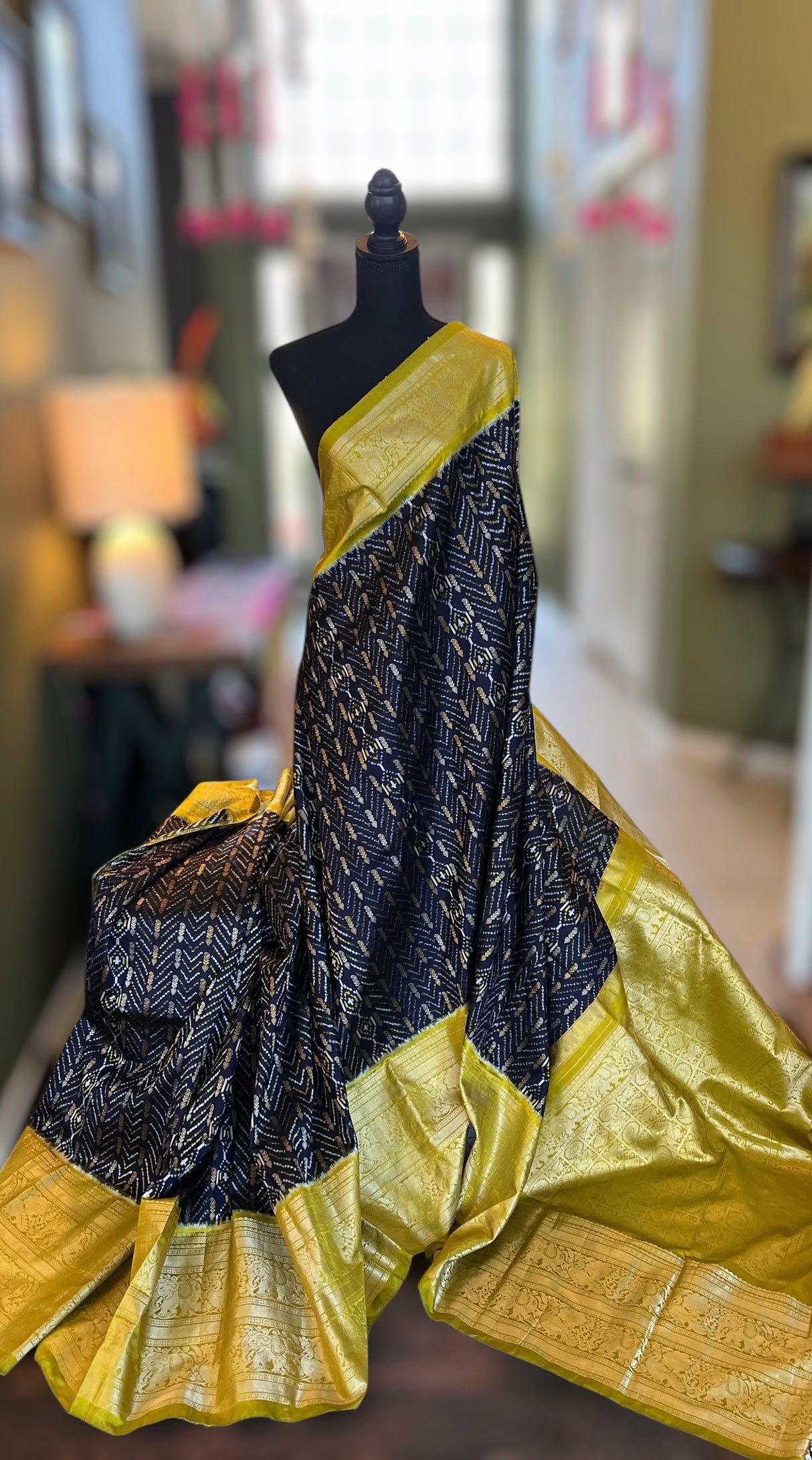 Ikkat Kanchipuram fusion With Jacquard Zari Lines Handloom Pure Silk