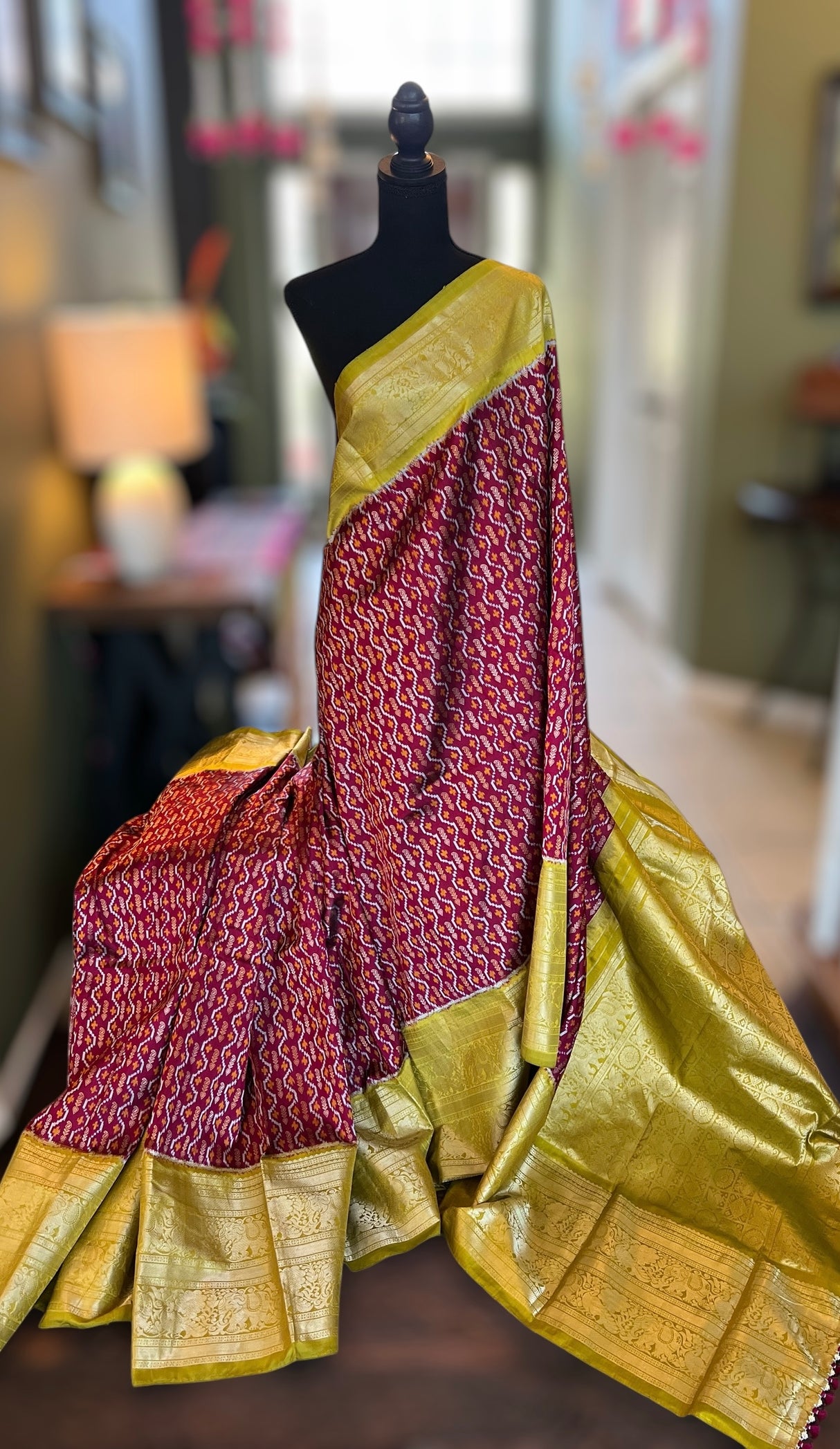 Ikkat Kanchipuram fusion With Jacquard Zari Lines Handloom Pure Silk