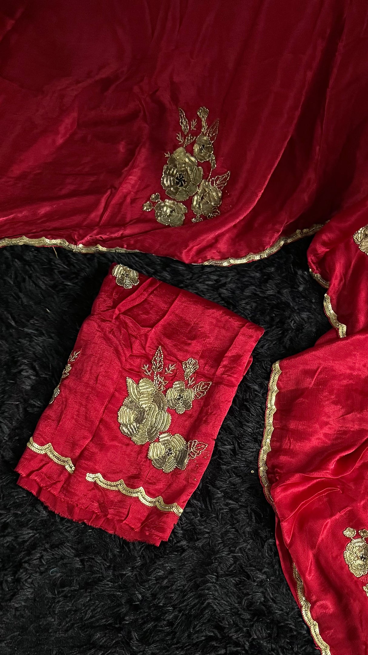 Red Chinon Satin With Antique Gold Aari Motifs