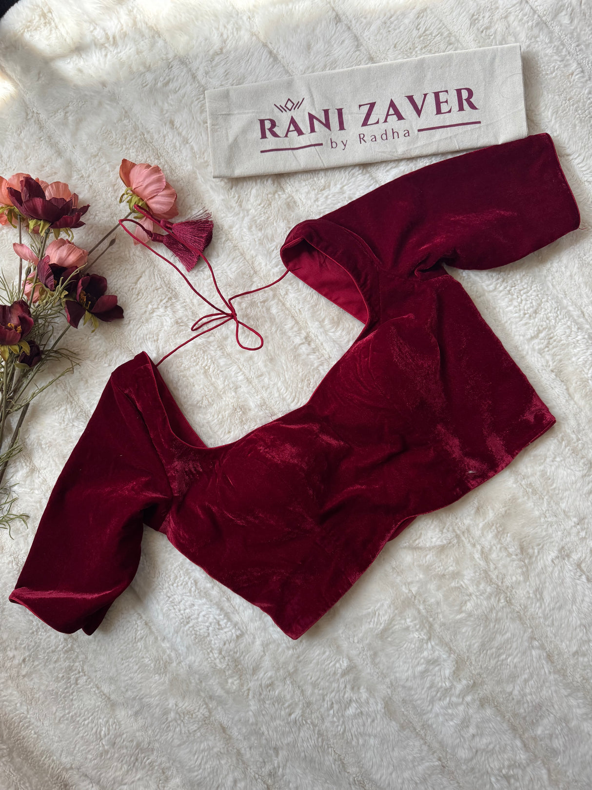 Burgundy Red Velvet Elbow Sleeves Blouse 36 38