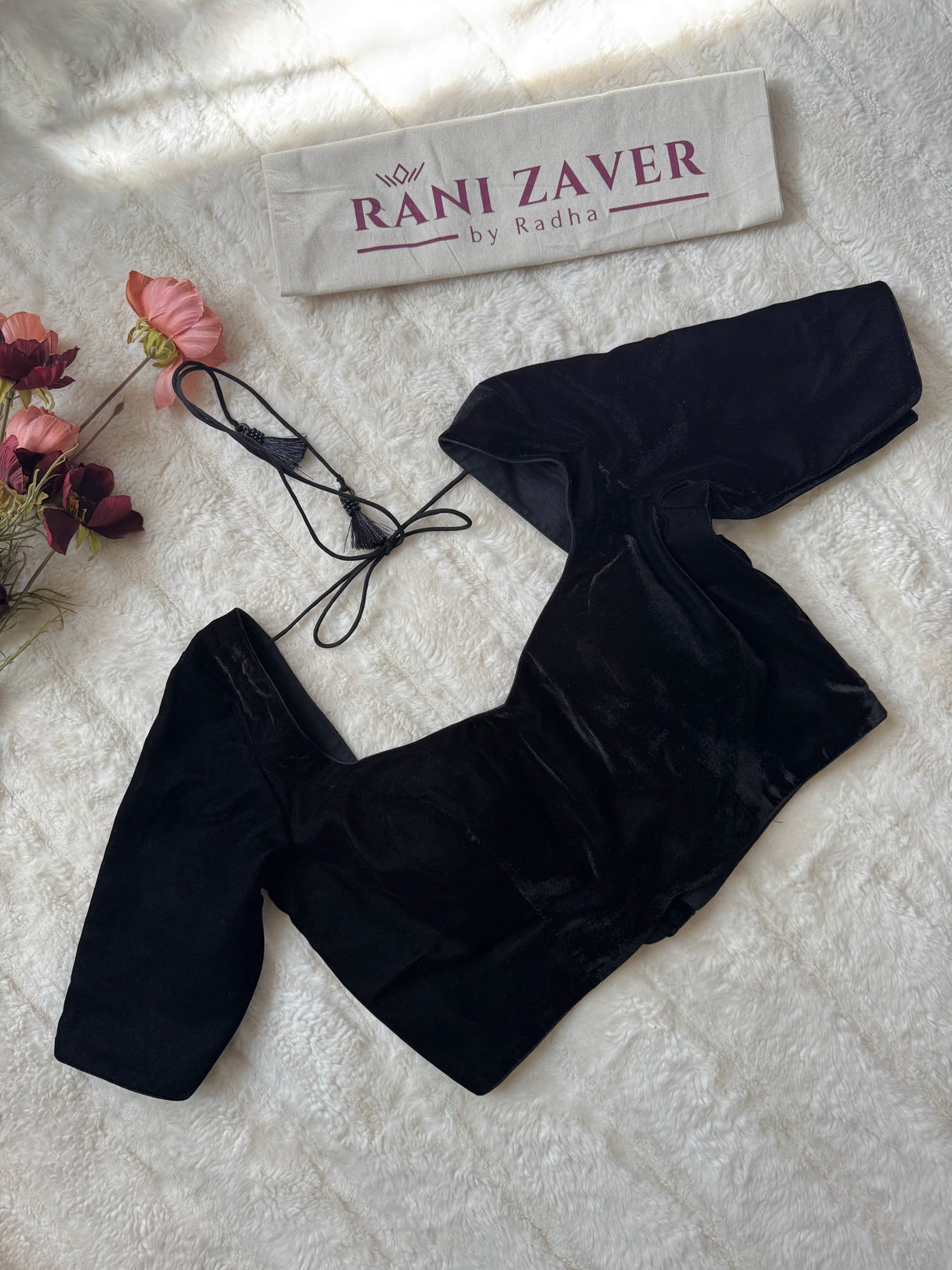 Black Velvet Elbow Sleeves Blouse 36 38