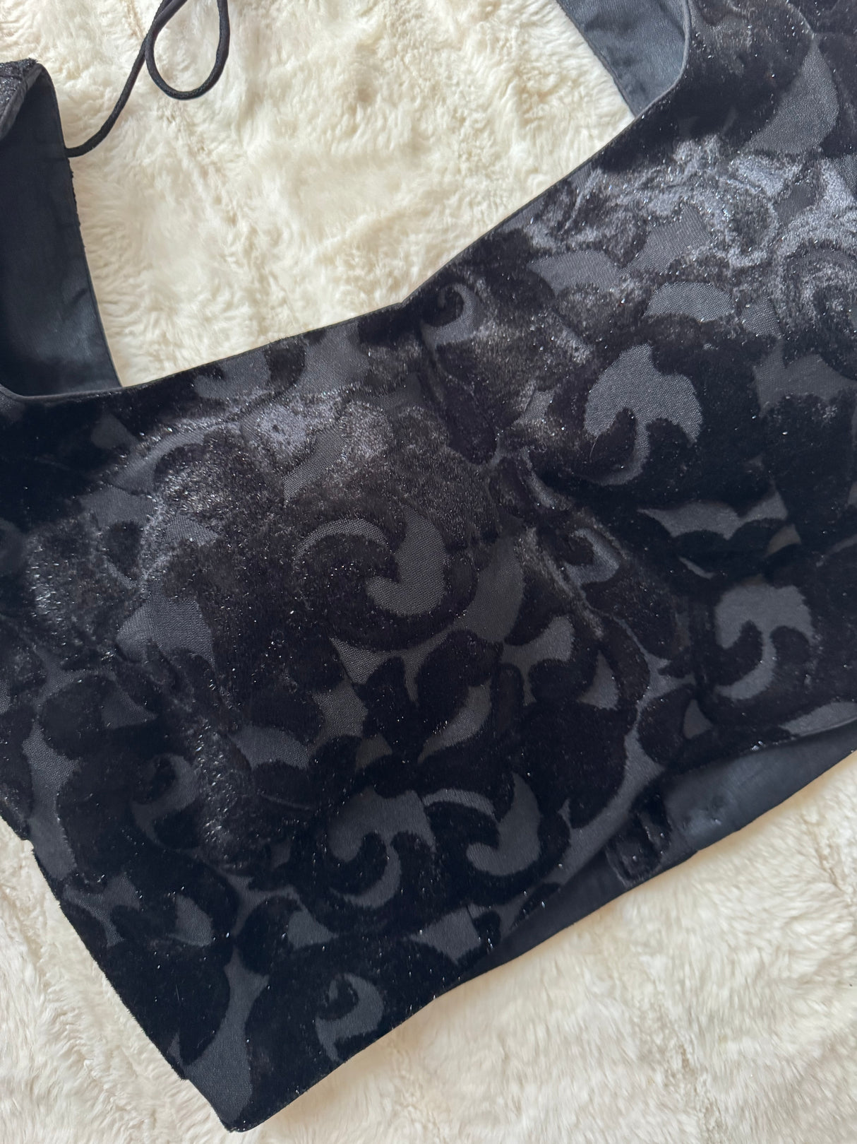 Black Self Pattern Velvet Short Sleeves with hanging beads Blouse 38