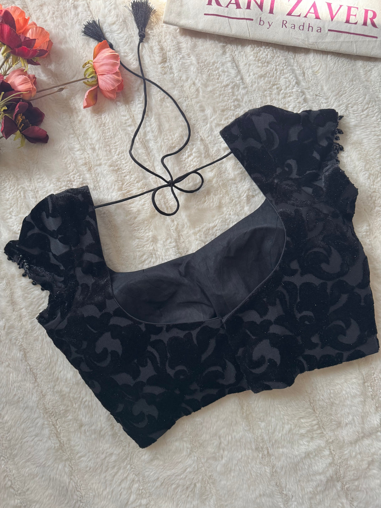 Black Self Pattern Velvet Short Sleeves with hanging beads Blouse 38