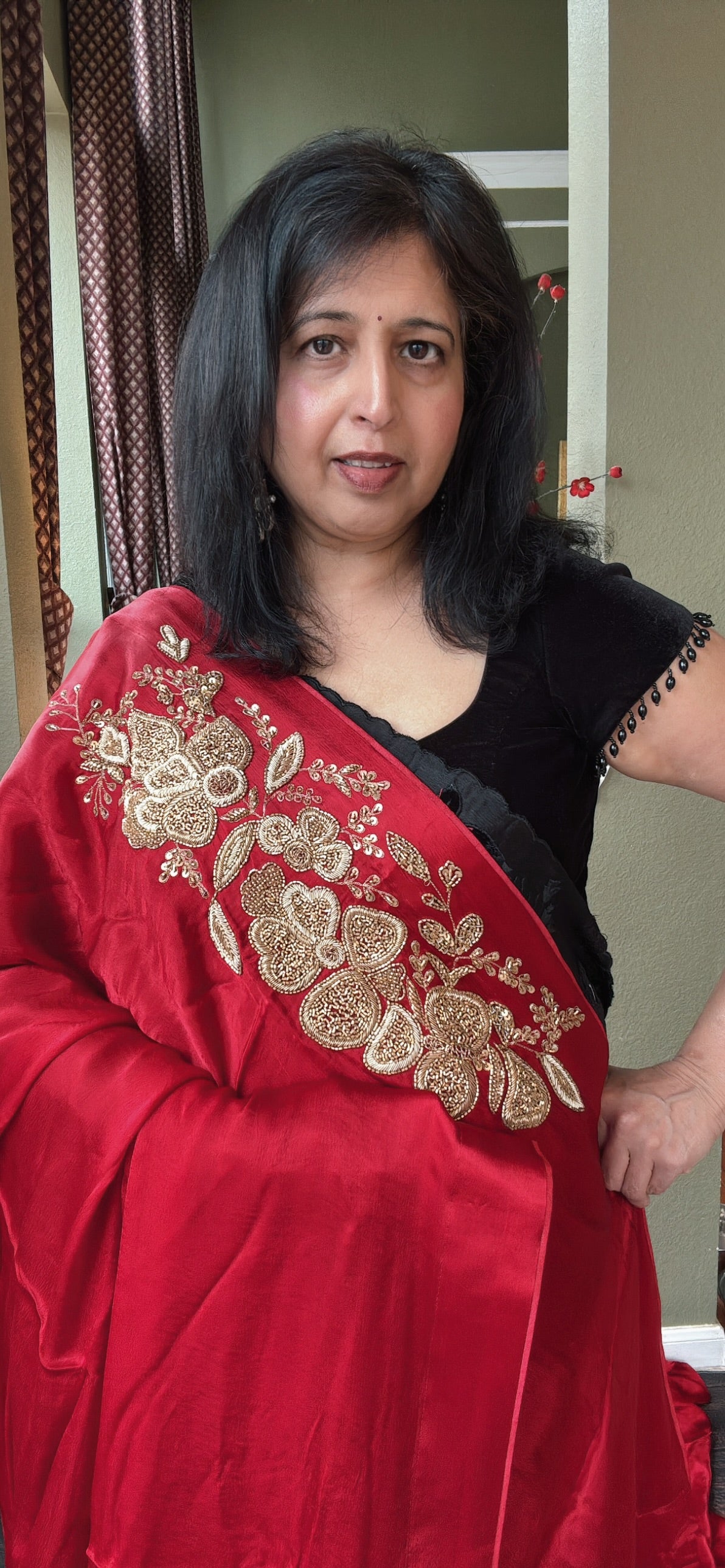 Red Chinon Satin With Single Antique Gold Aari Motif