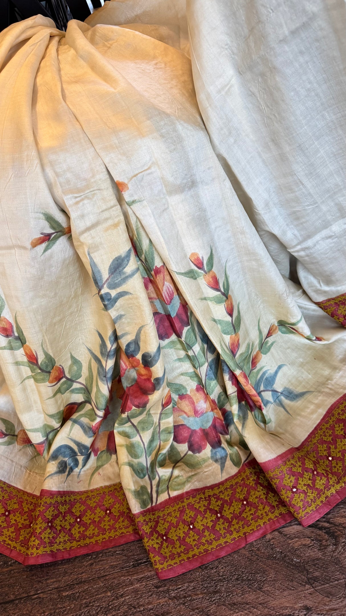 Hand Painting and Gujrathi Kutch Wok on Pure Tussar Silk