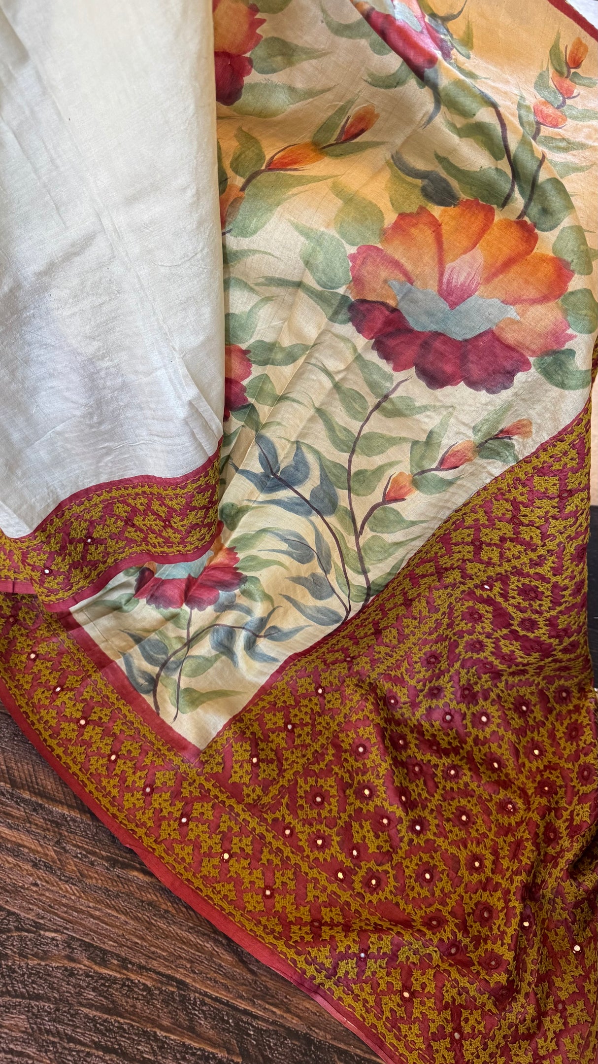 Hand Painting and Gujrathi Kutch Wok on Pure Tussar Silk