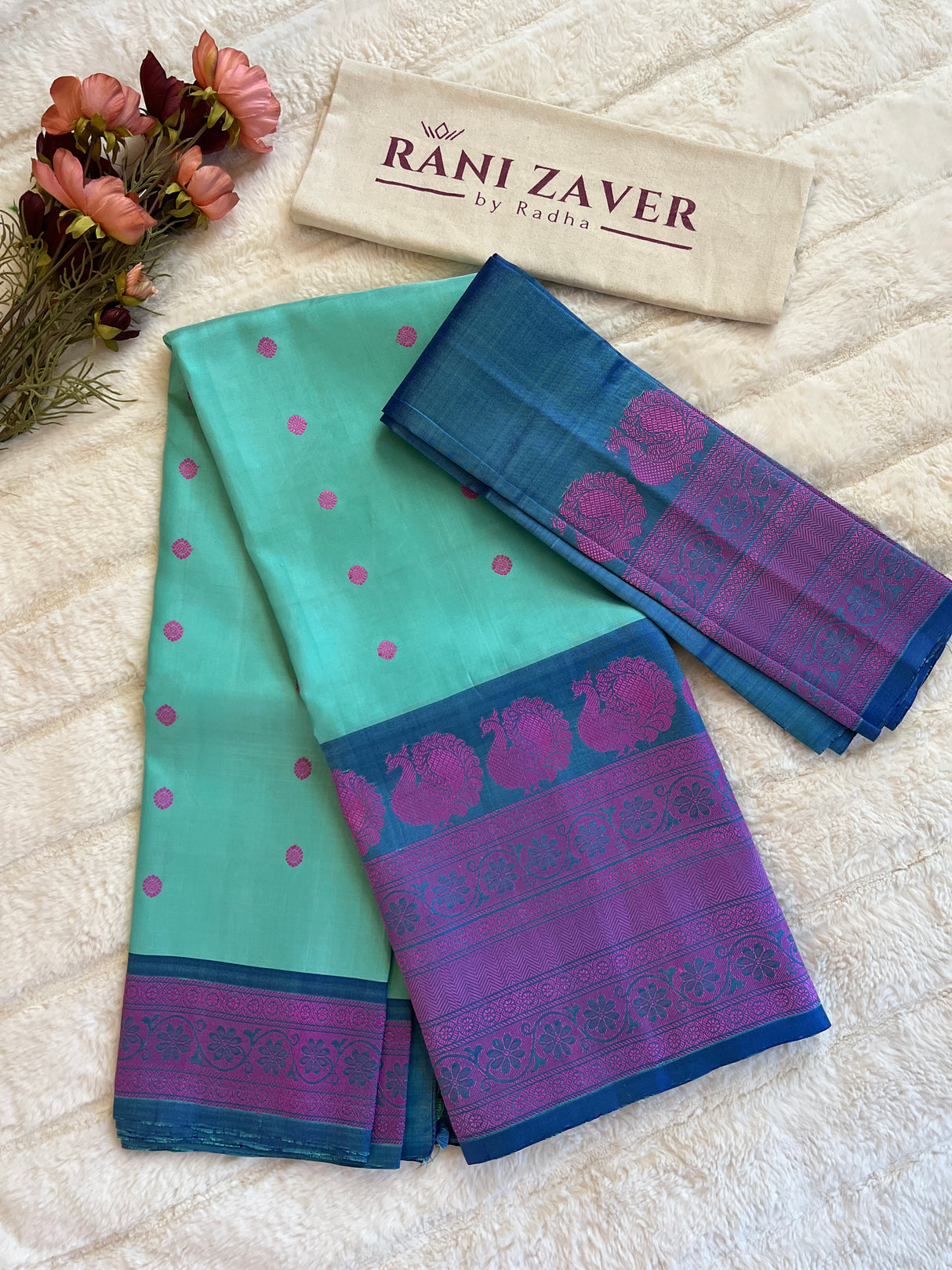 Turquoise Silk Thread No Zari Gadwal Handloom Pure Silk