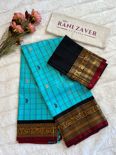 Electric Blue with Black combo Gadwal Handloom Pure Silk