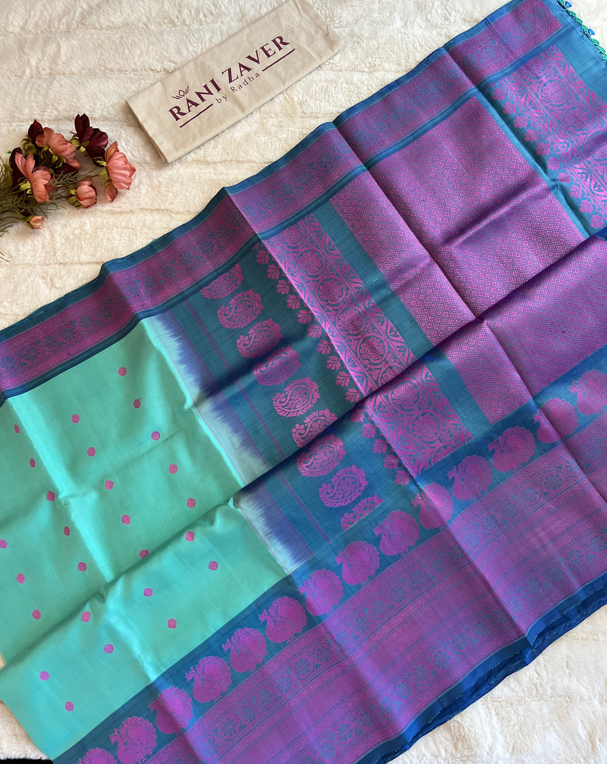 Turquoise Silk Thread No Zari Gadwal Handloom Pure Silk