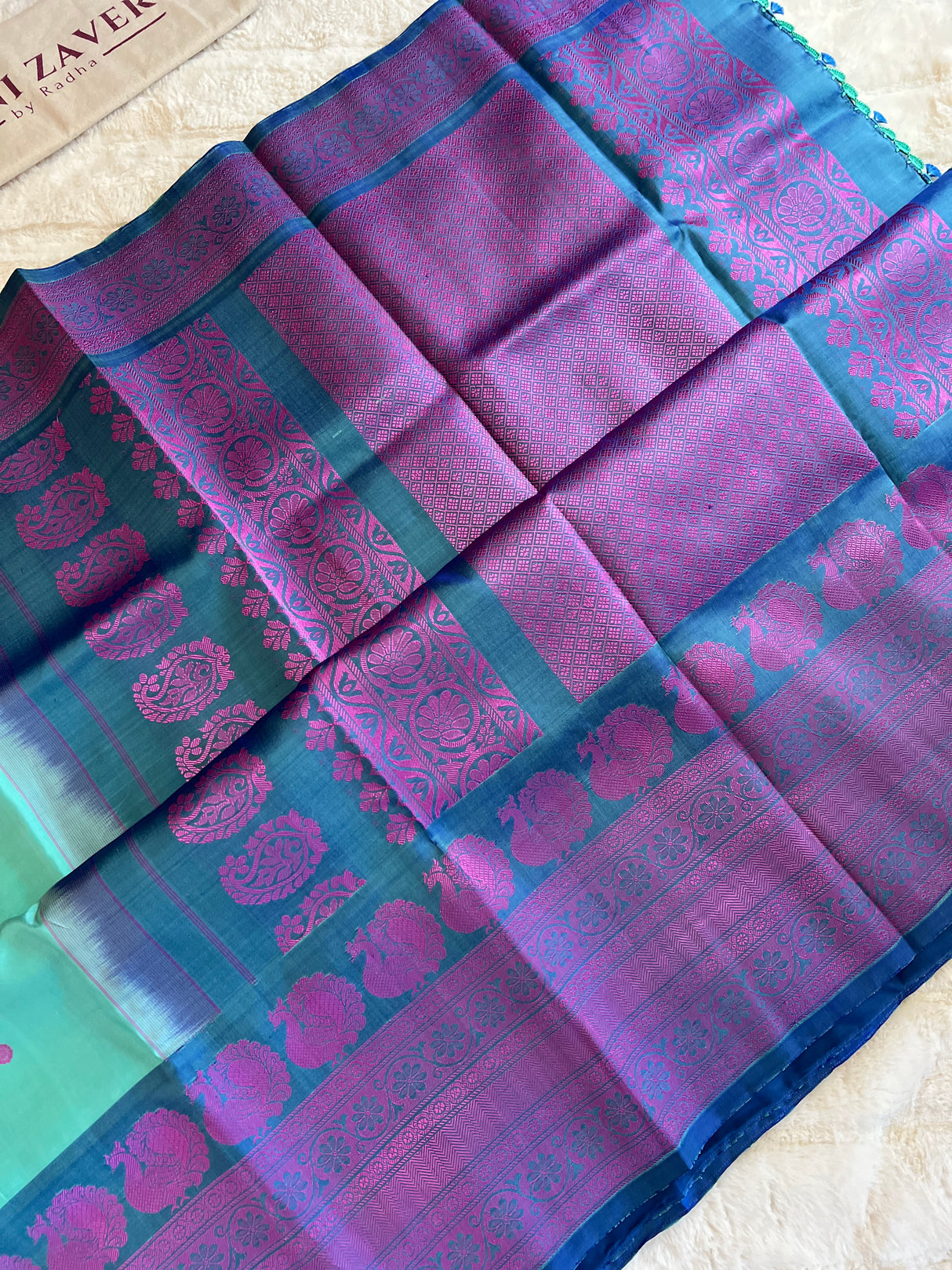 Turquoise Silk Thread No Zari Gadwal Handloom Pure Silk