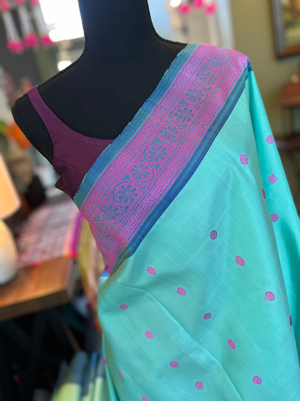 Turquoise Silk Thread No Zari Gadwal Handloom Pure Silk