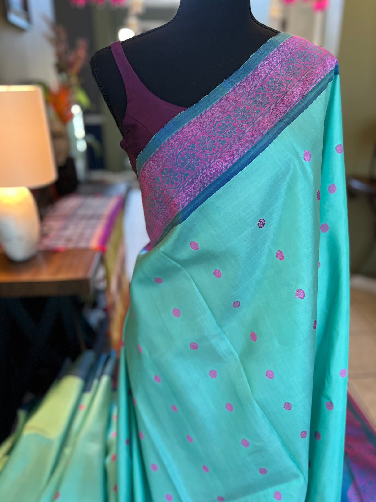 Turquoise Silk Thread No Zari Gadwal Handloom Pure Silk