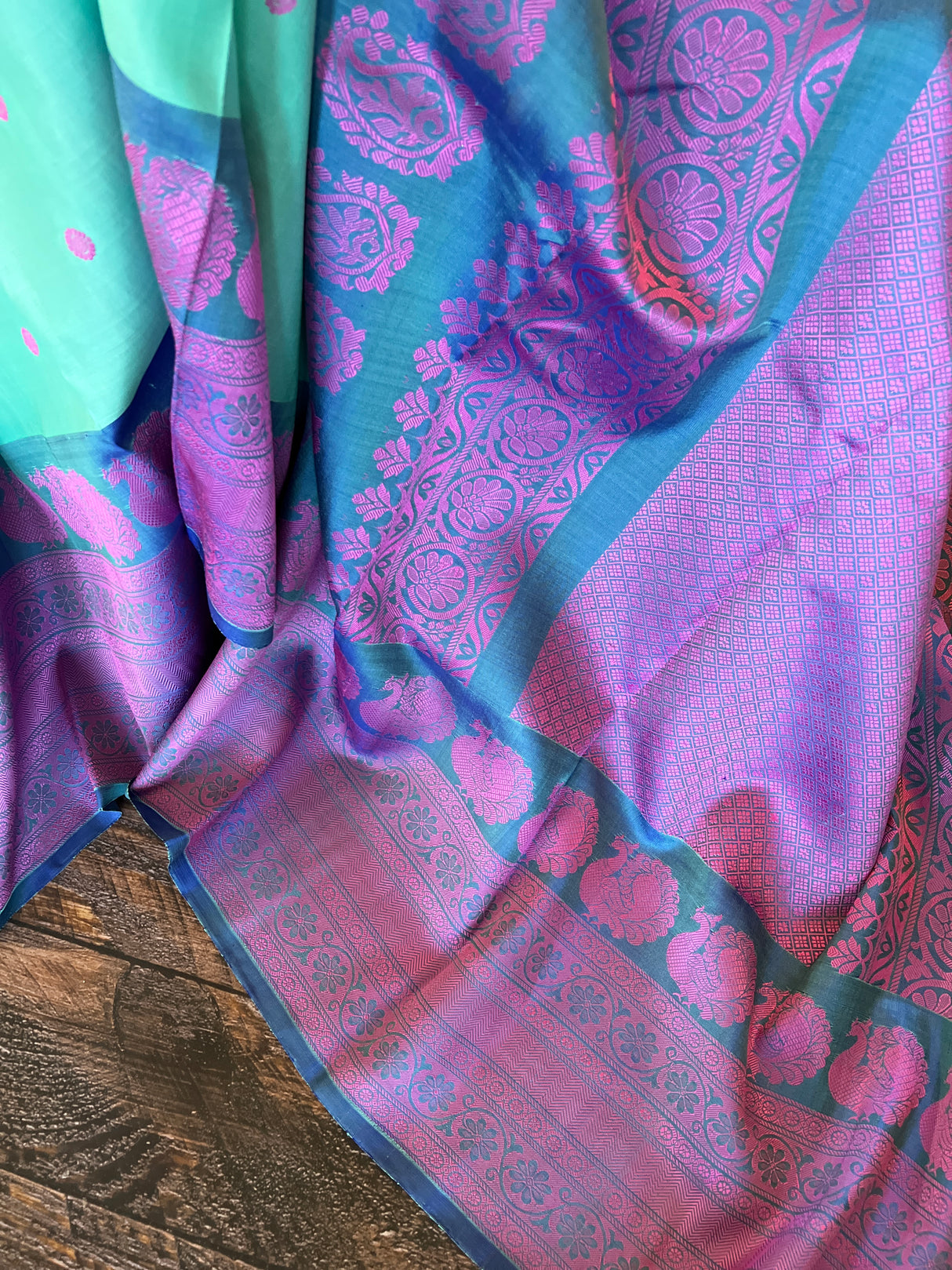 Turquoise Silk Thread No Zari Gadwal Handloom Pure Silk