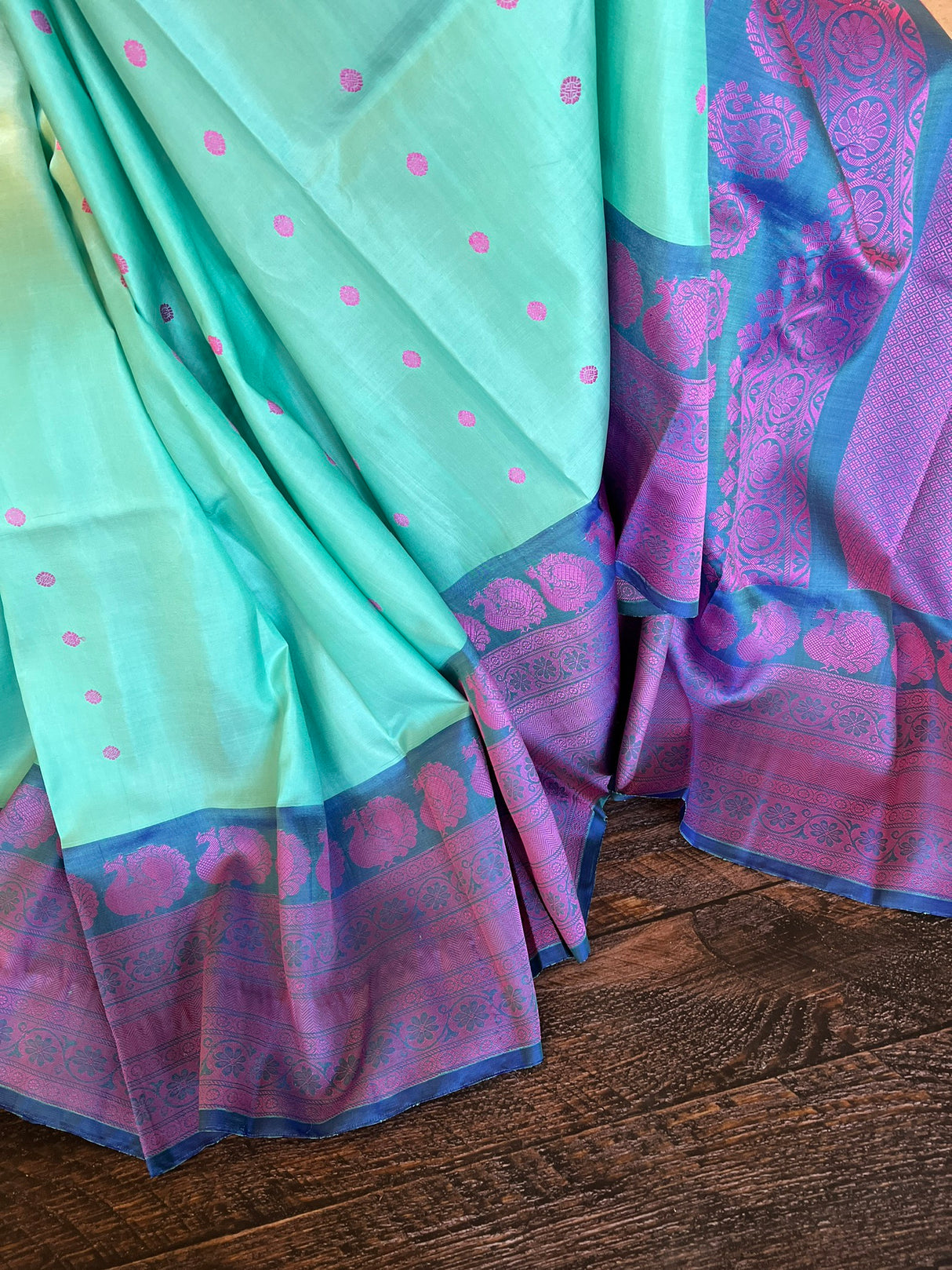 Turquoise Silk Thread No Zari Gadwal Handloom Pure Silk