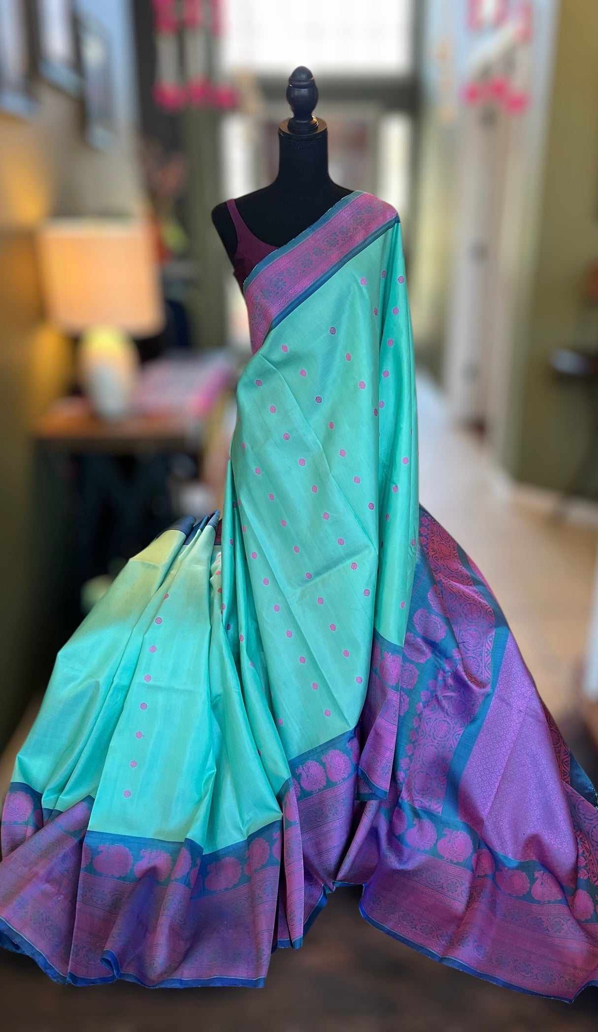 Turquoise Silk Thread No Zari Gadwal Handloom Pure Silk