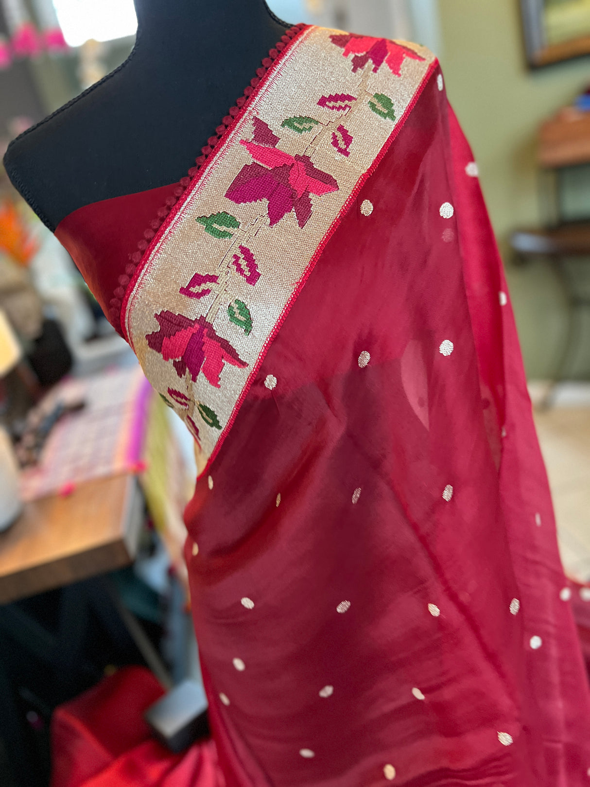 Burgundy  Pure Organza With Embroidered Borders