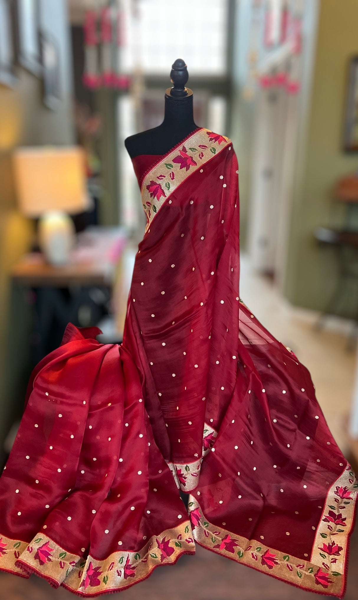 Burgundy  Pure Organza With Embroidered Borders