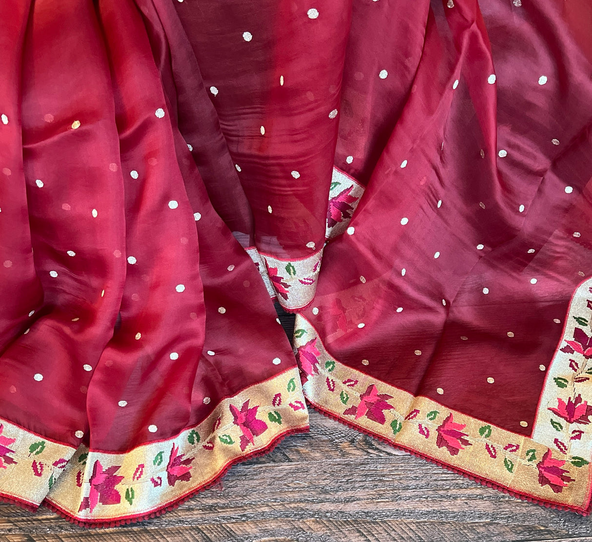 Burgundy  Pure Organza With Embroidered Borders