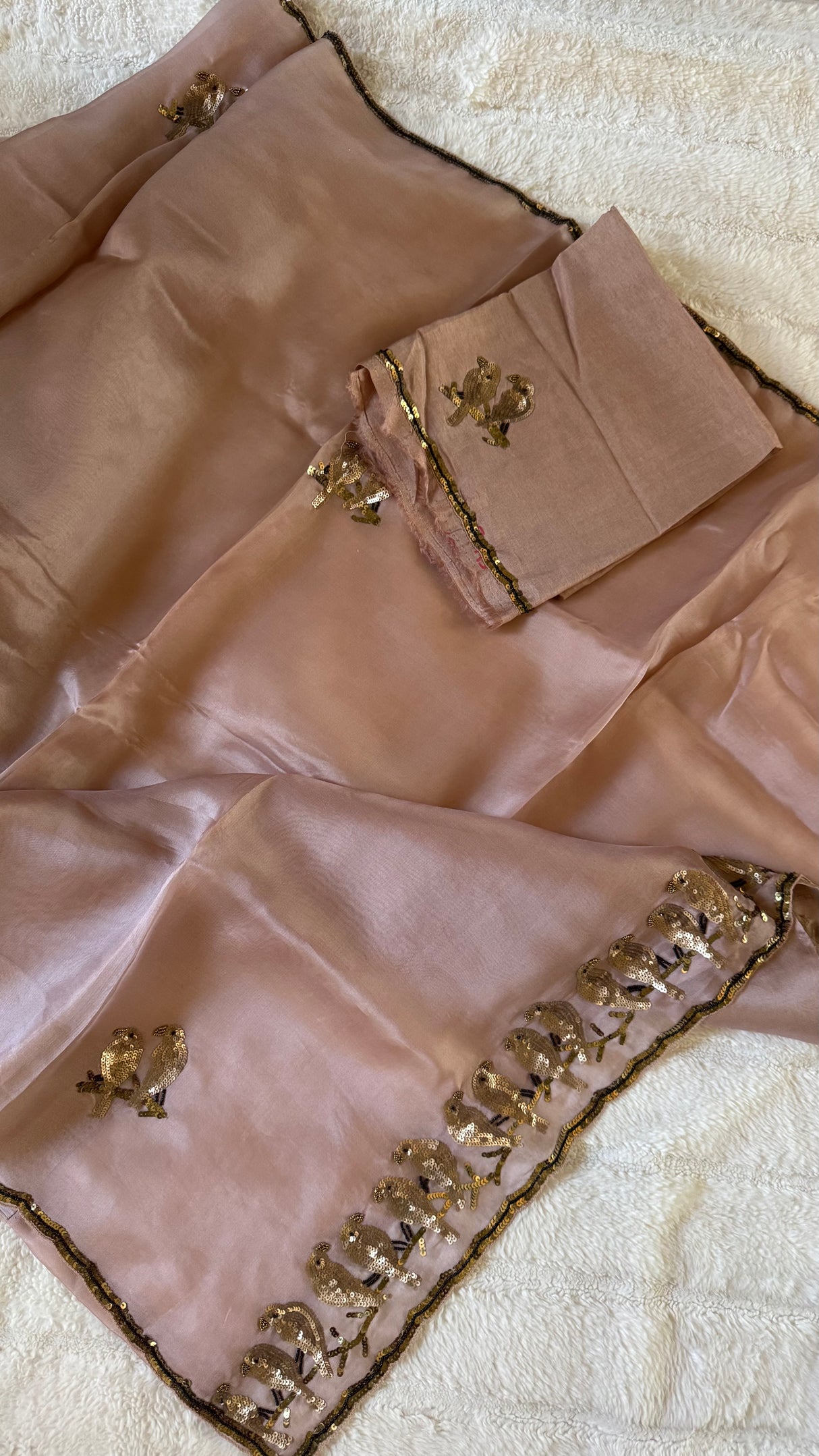 Rose Gold Birds Sequins Motifs Pure Organza