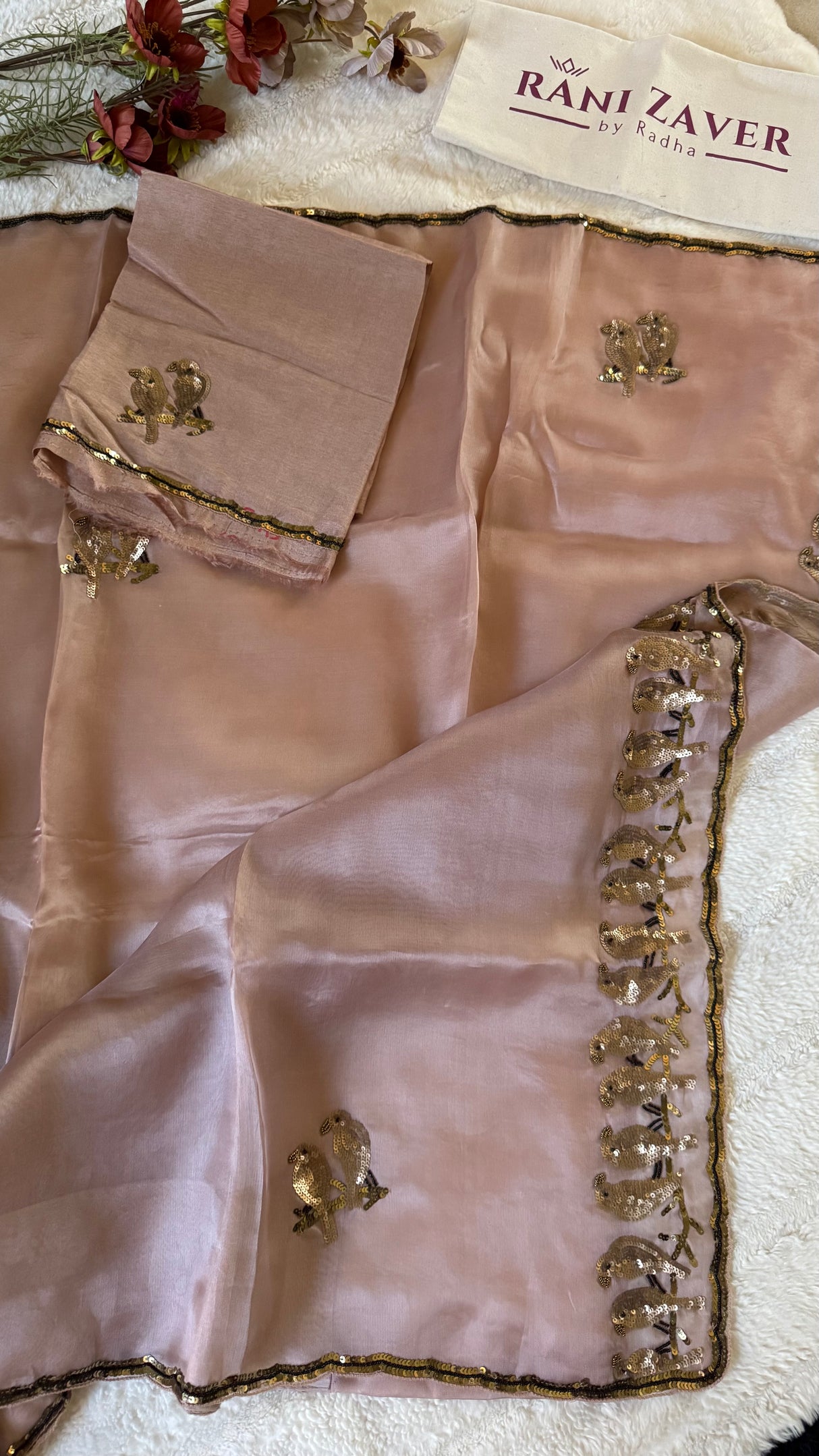 Rose Gold Birds Sequins Motifs Pure Organza