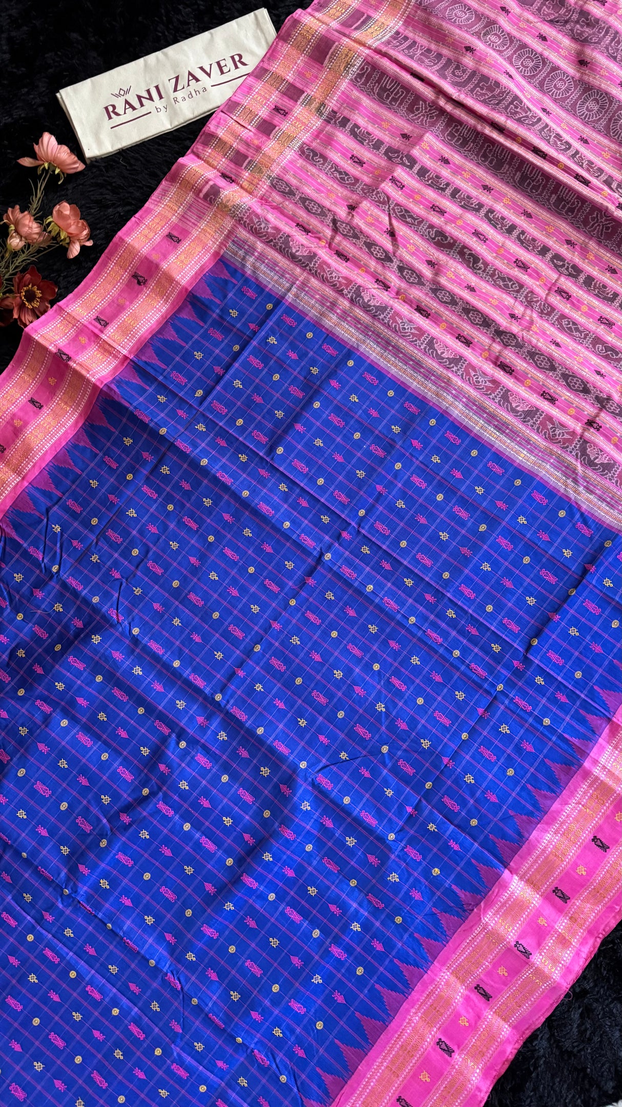 Sambalpuri Double Ikkat Hazaar butti Royal Blue Hot Pink
