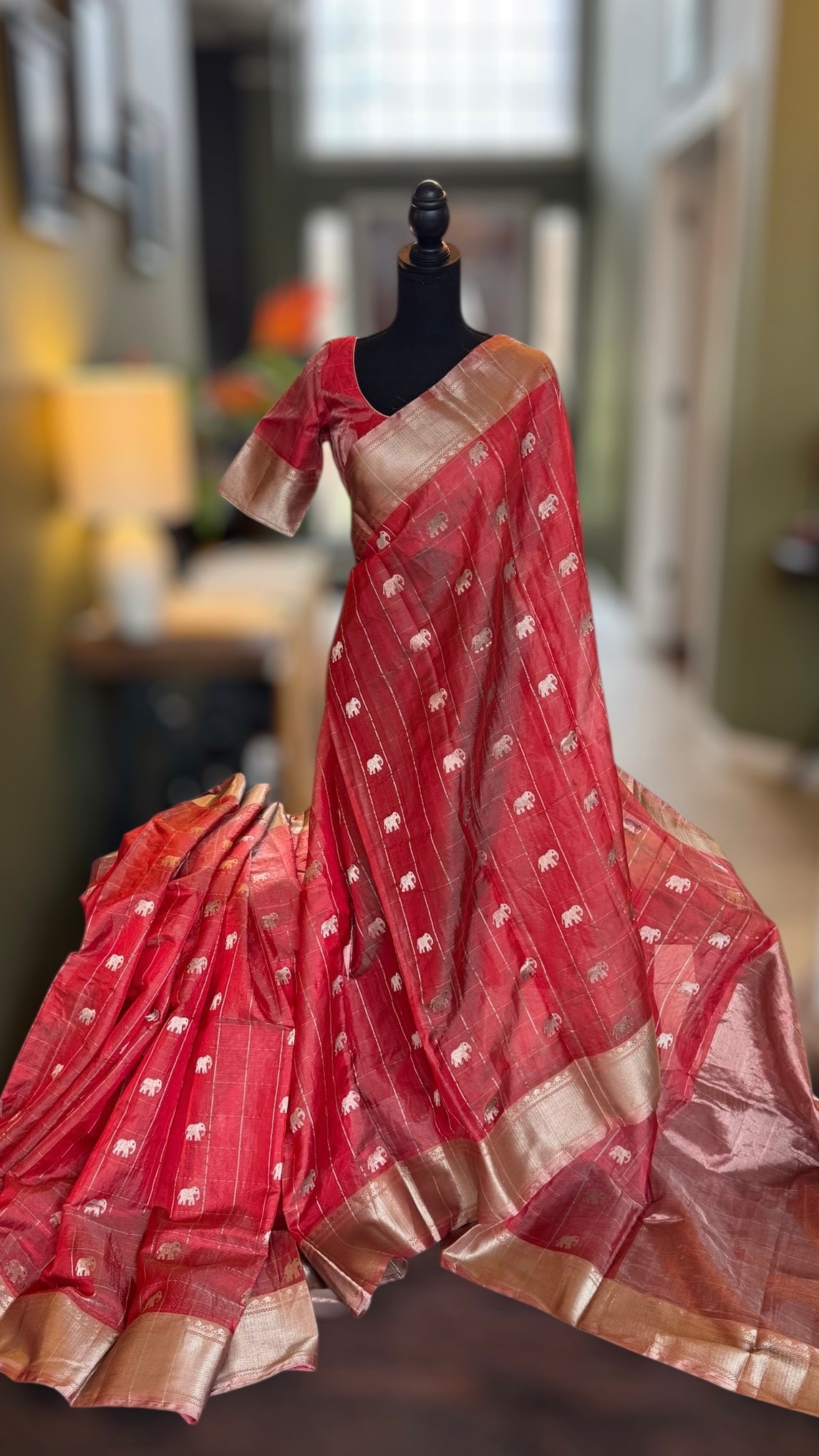 Chanderi Pattu Tissue Pinstripes Eknaliya Meenadari Elephant Motifs Gajar Color